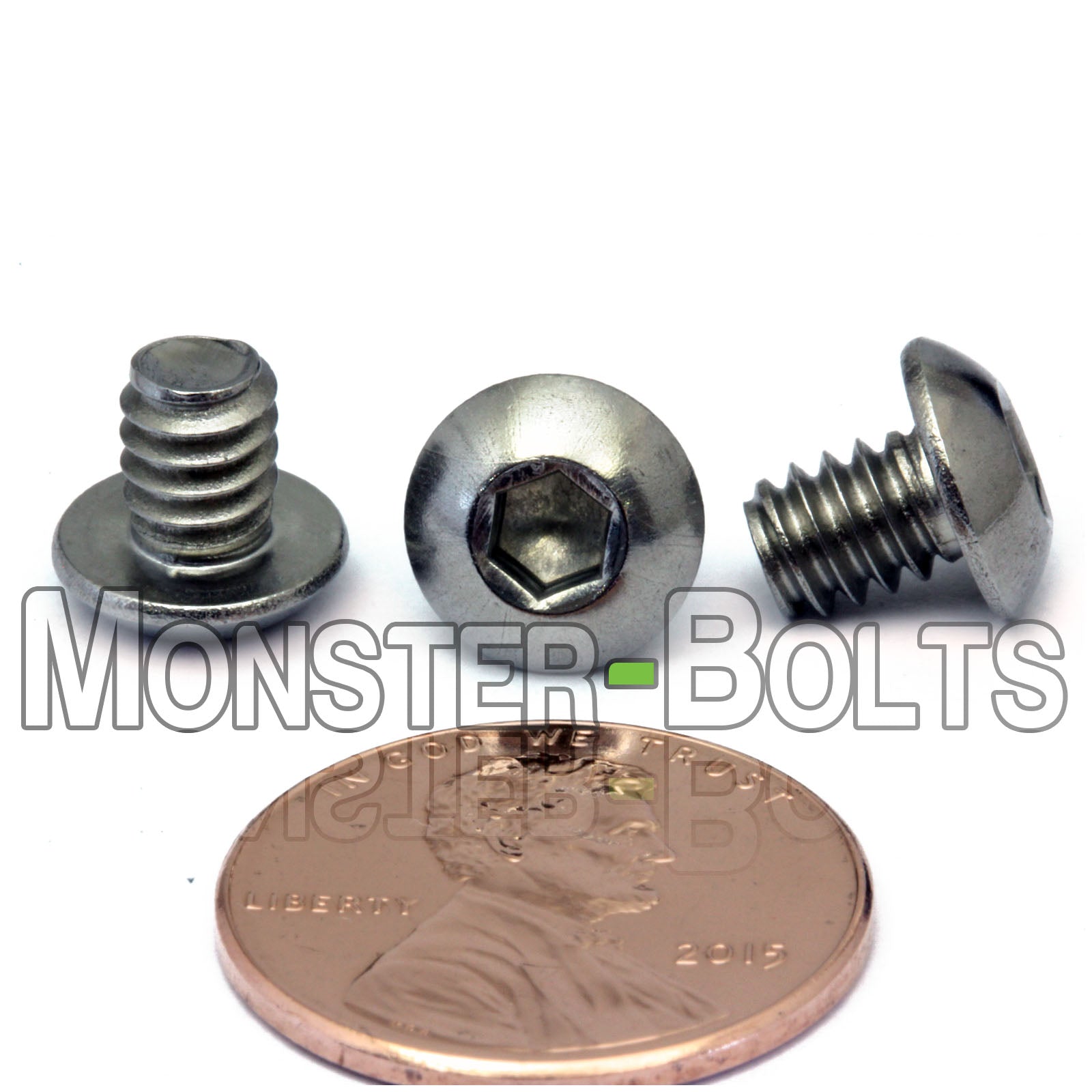 Stainless Steel #10-24 x 1/4" socket button head screws, with US penny for size.