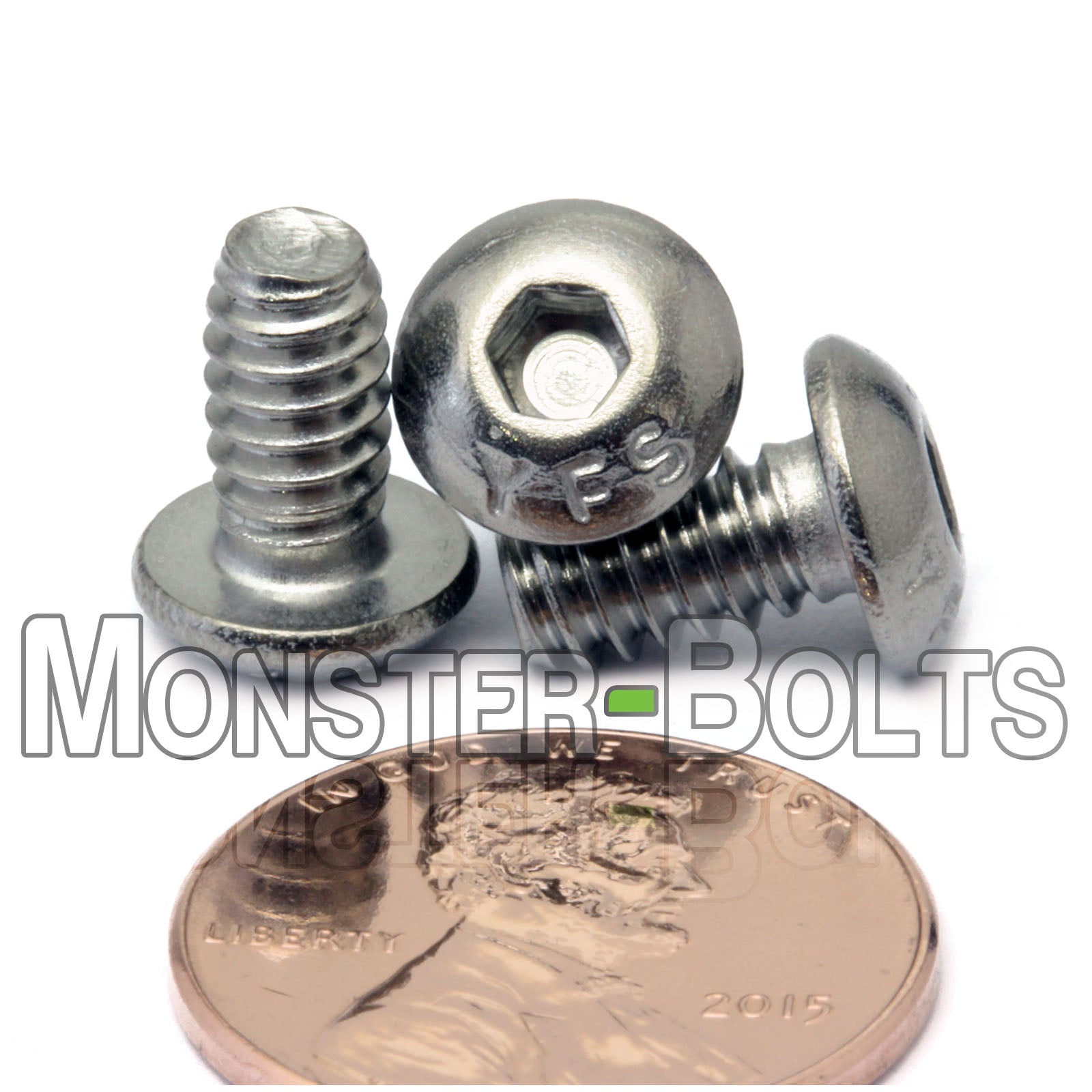 Stainless Steel #10-24 x 3/8 in. socket button head screws, with US penny for size.