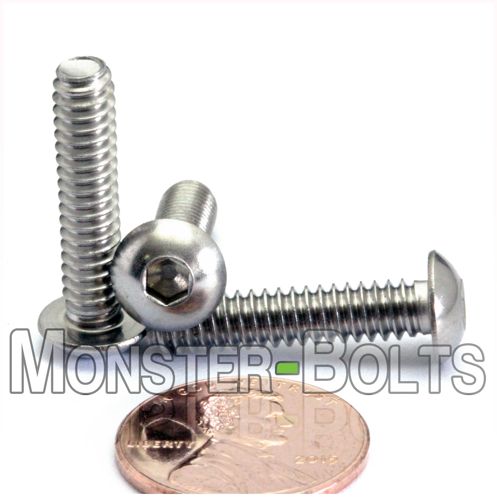 Stainless #10-24 x 7/8" button head socket cap screws, with US penny for size.