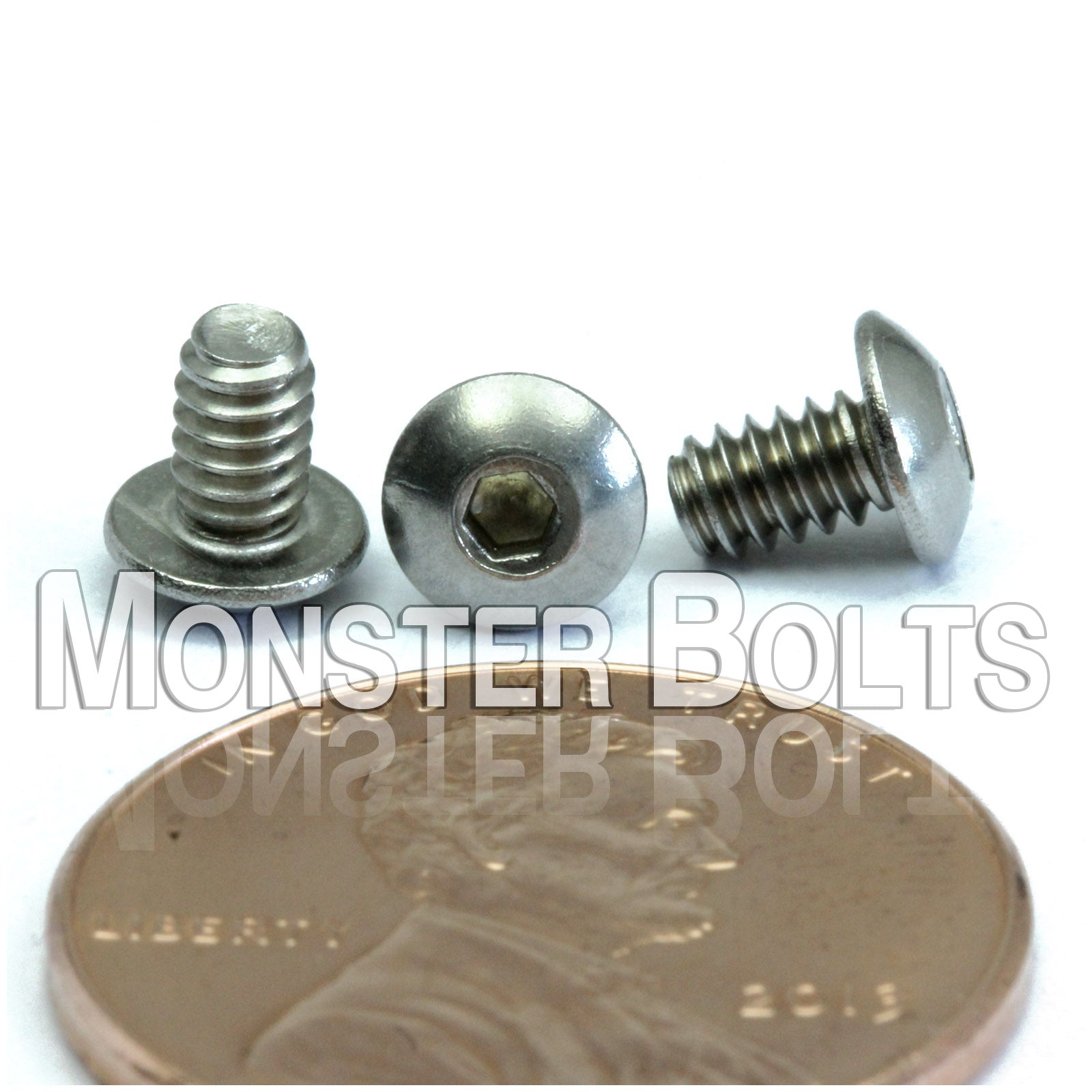 Stainless Steel #4-40 x 3/16 in. socket button head screws, with US penny for size.