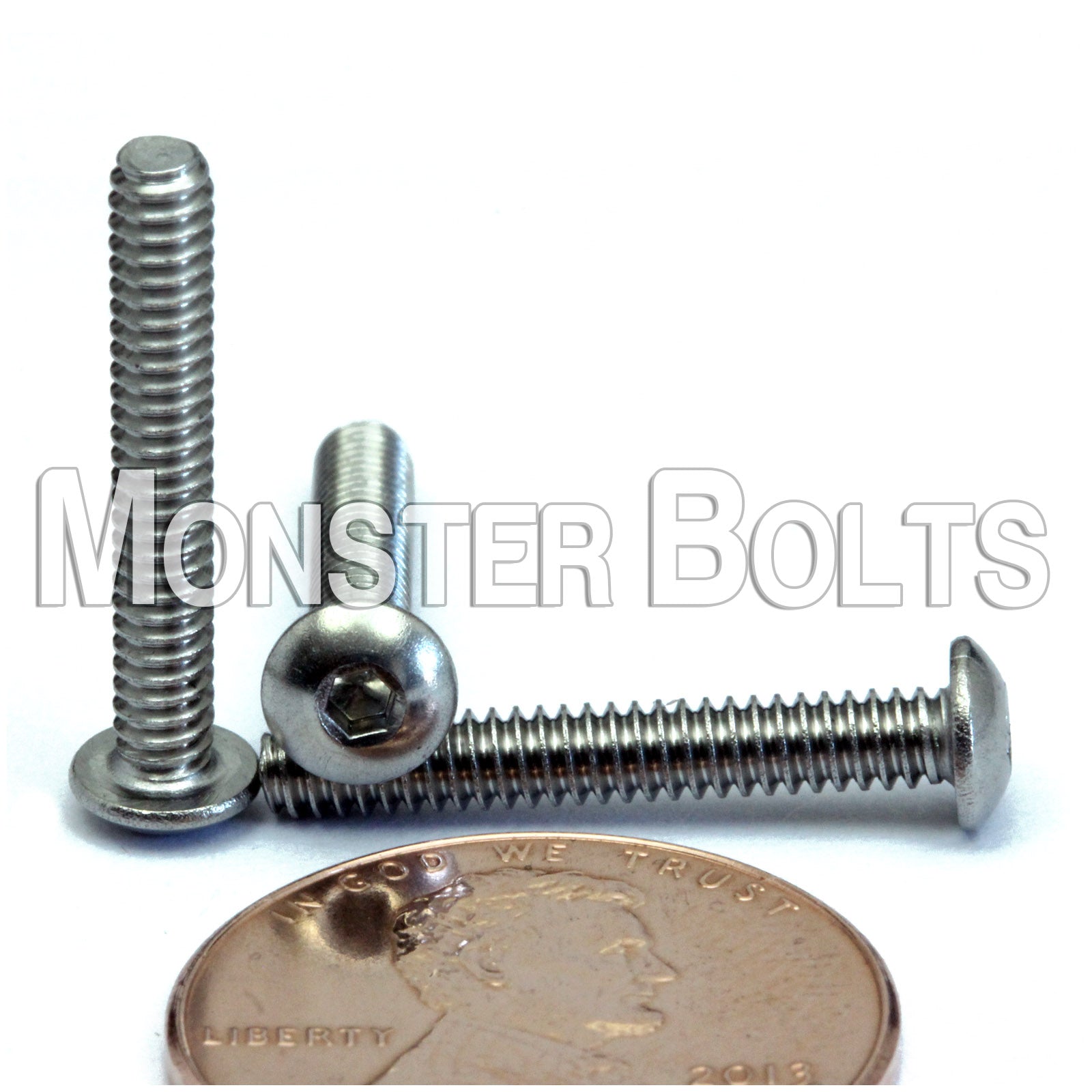 Stainless Steel #4-40 x 3/4" socket button head screws, with US penny for size.