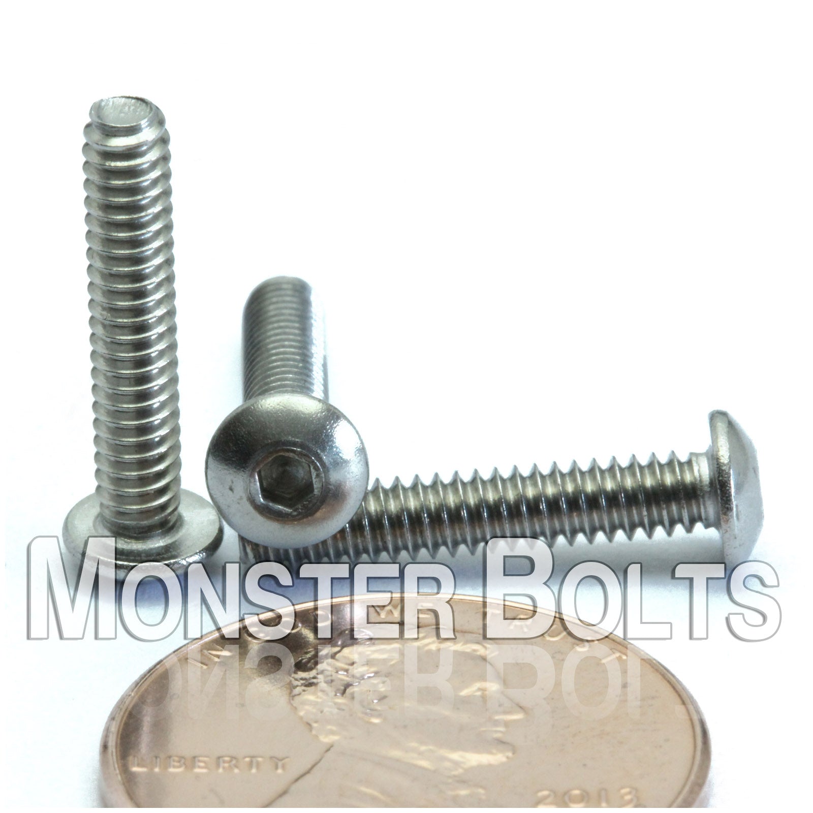 Stainless Steel #4-40 x 5/8" button head socket cap screws, with US penny for size.