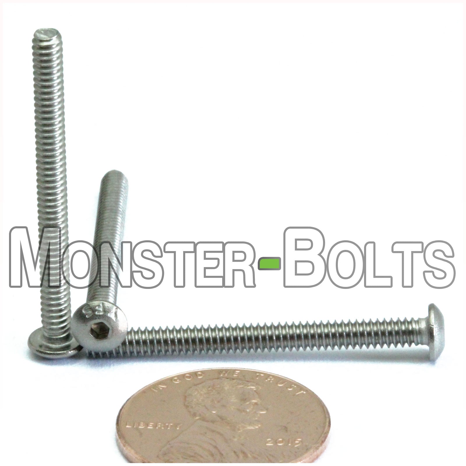 Stainless #4-40 x 1-1/4 in. button head socket cap screws, with US penny for size.