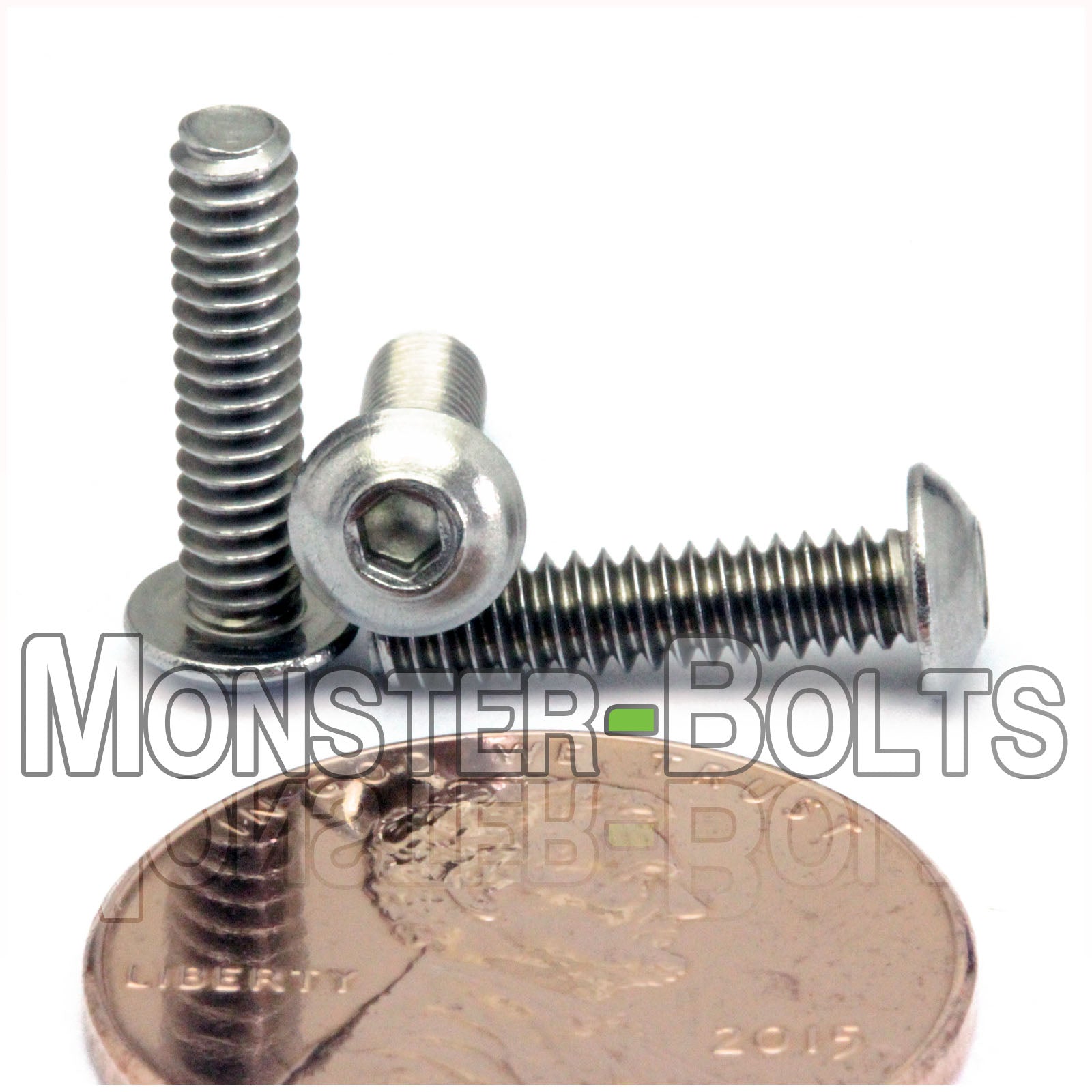 Stainless Steel #4-40 x 1/2 in. button head socket cap screws, with US penny to show size.