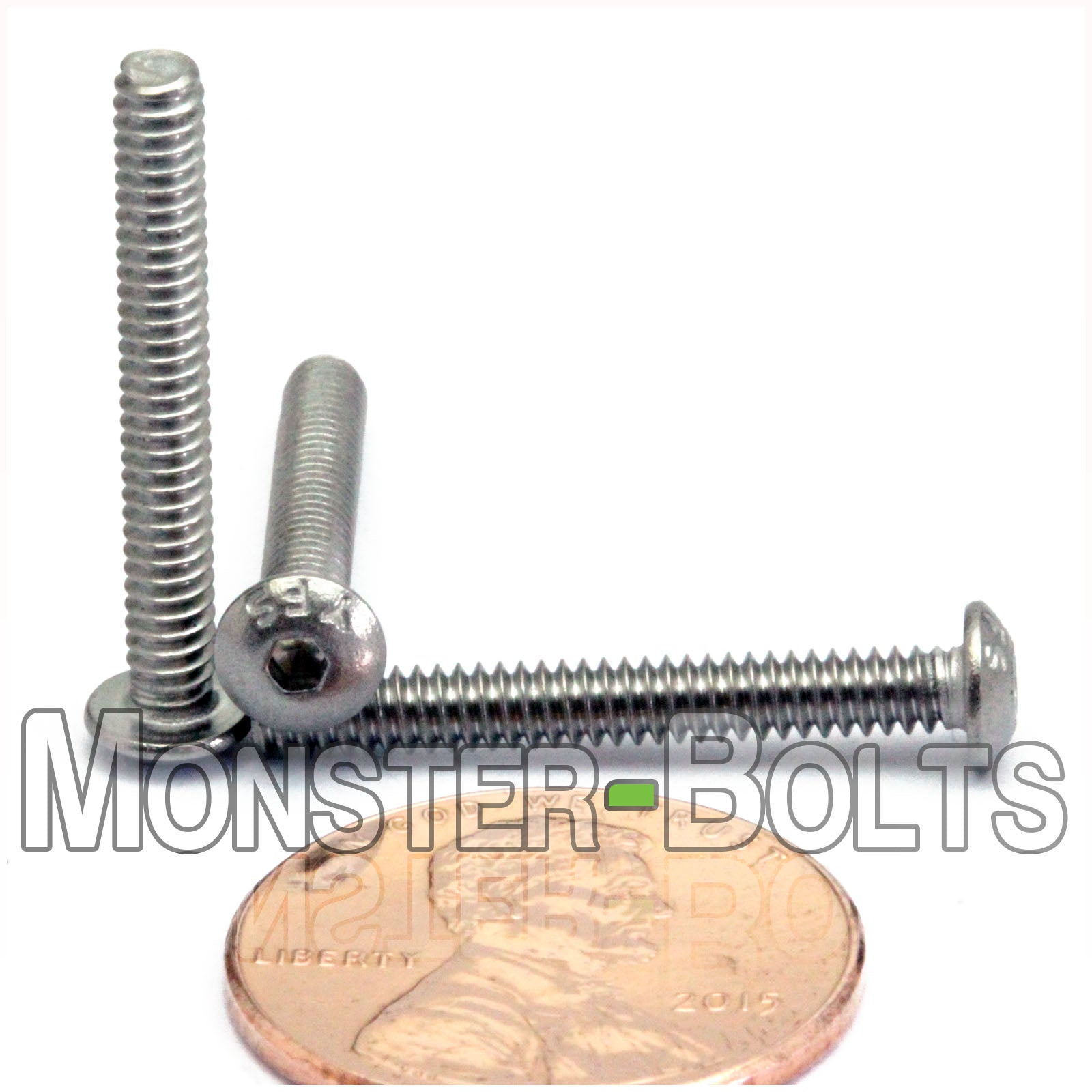 Stainless Steel #4-40 x 7/8" socket button head screws, with US penny for size.