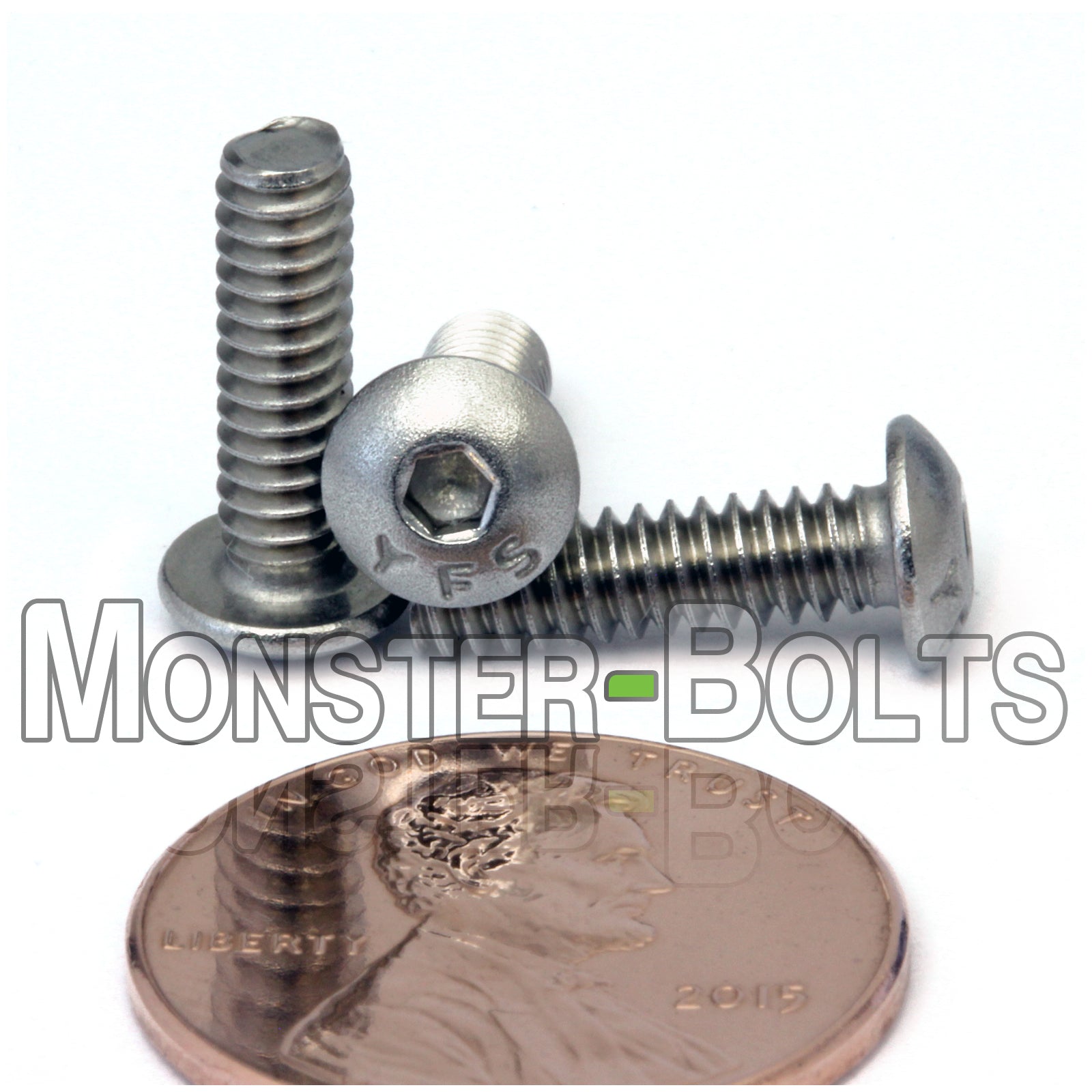 Stainless Steel #6-32 x 1/2 in. button head socket cap screws, with US penny to show size.