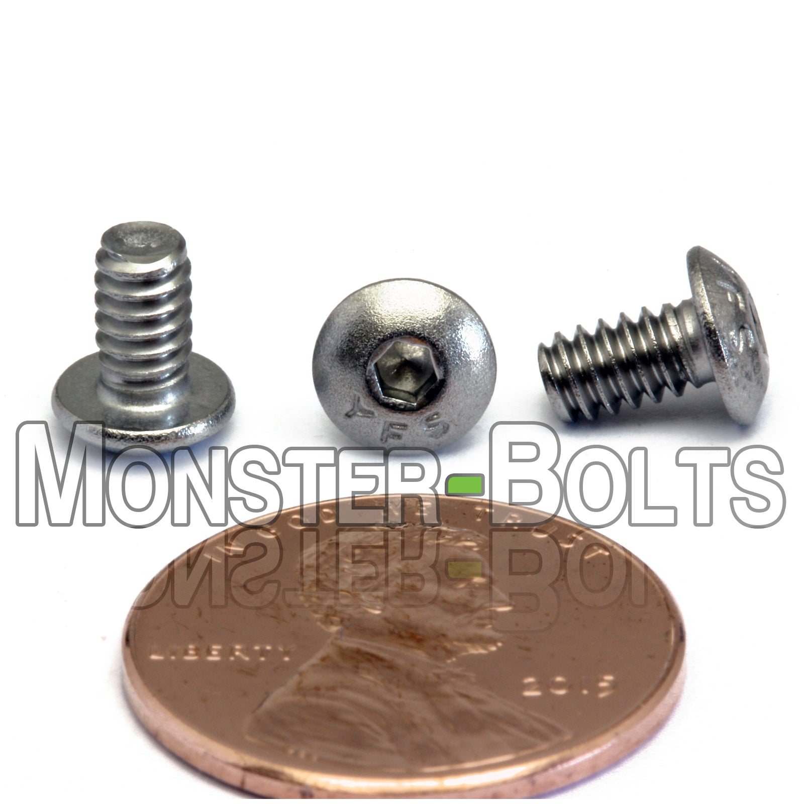 Stainless #6-32 x 1/4 in. button head socket cap screws, with US penny for size.