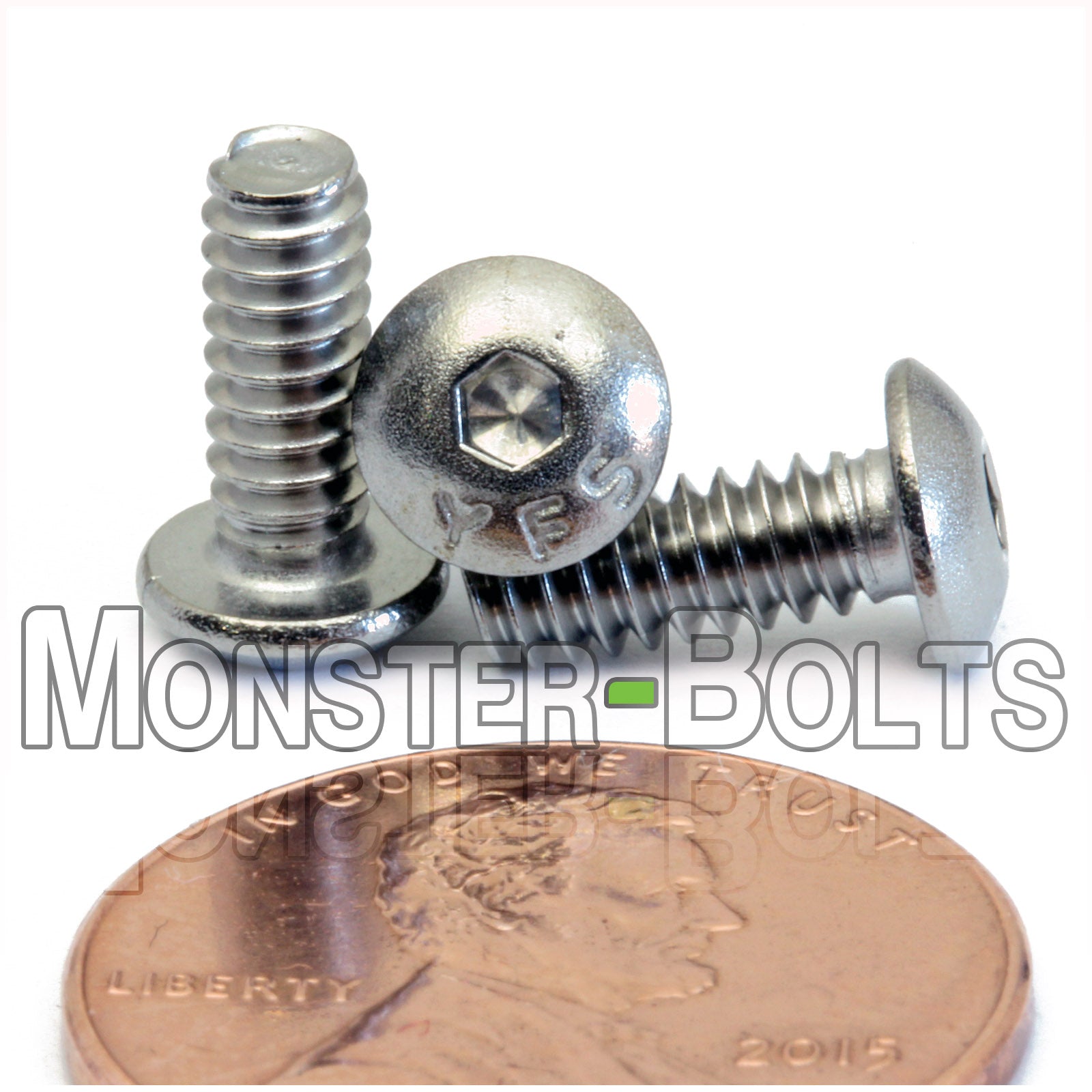 Stainless Steel #6-32 x 3/8" socket button head screws, with US penny for size.