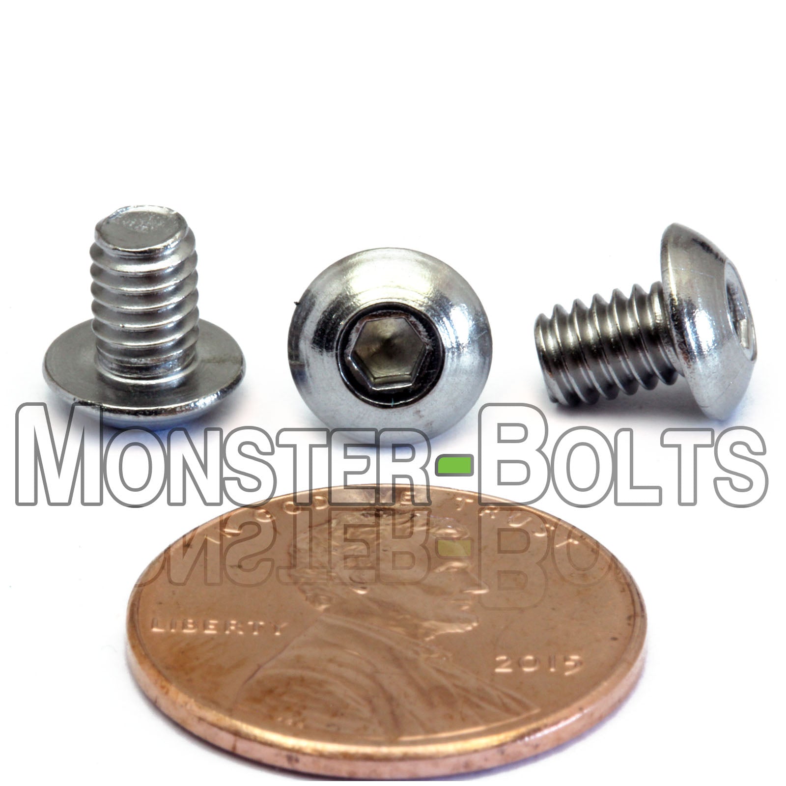 Stainless #8-32 x 1/4 in. button head socket cap screws, with US penny for size.