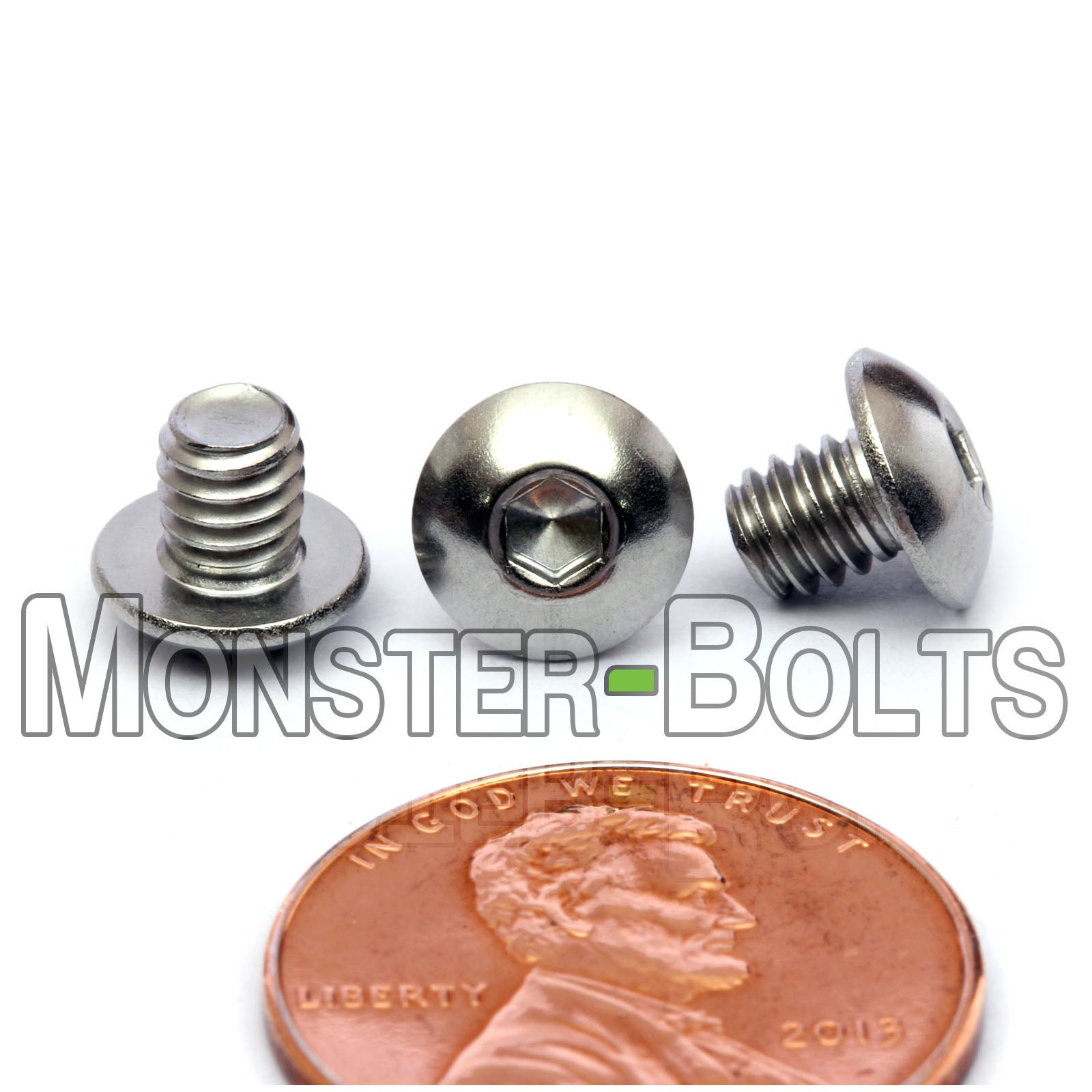 Stainless Steel #8-32 x 3/16 in. socket button head screws, with US penny for size.