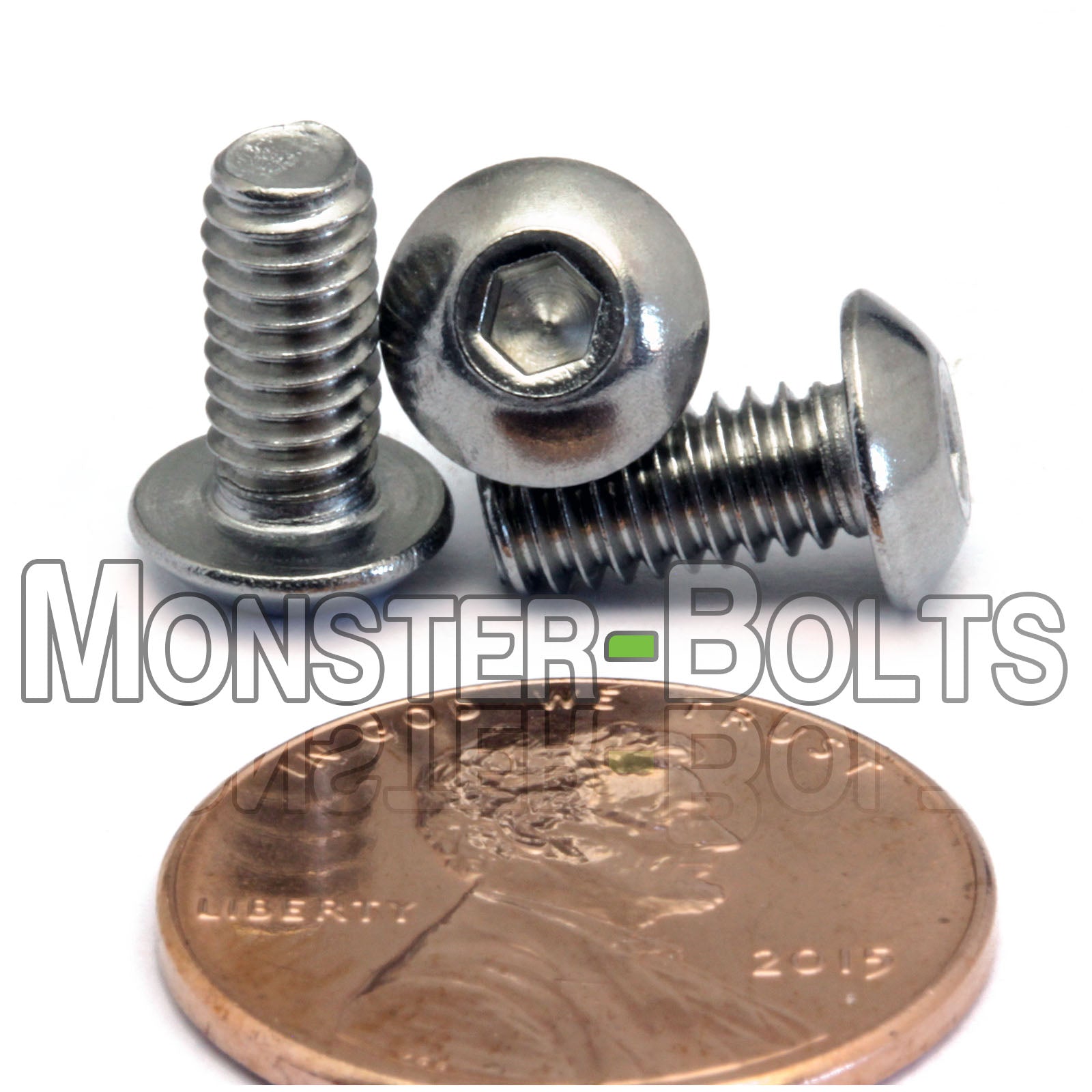 Stainless Steel #8-32 x 3/8" socket button head screws, with US penny for size.