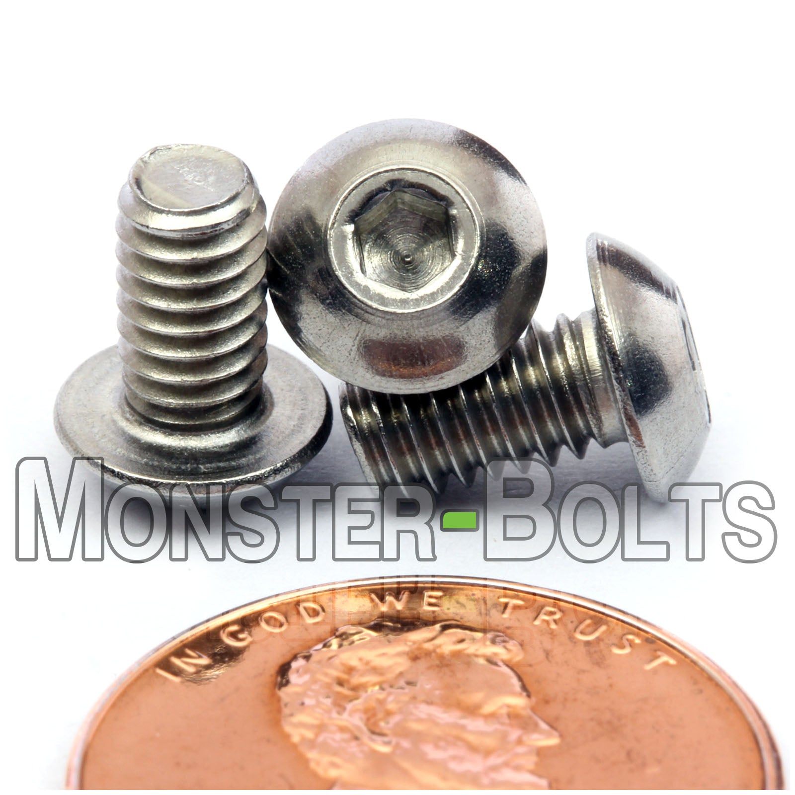 Stainless Steel #8-32 x 5/16" socket button head screws, with US penny for size.