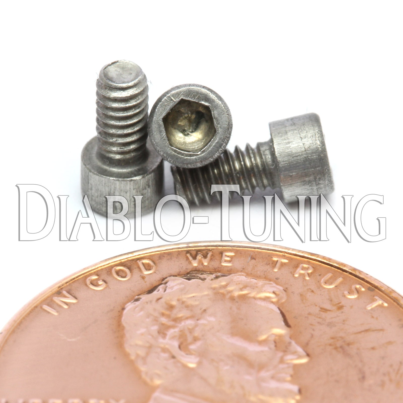 Stainless Steel #2-56 x 3/16 in. socket head screws, with US penny for size.