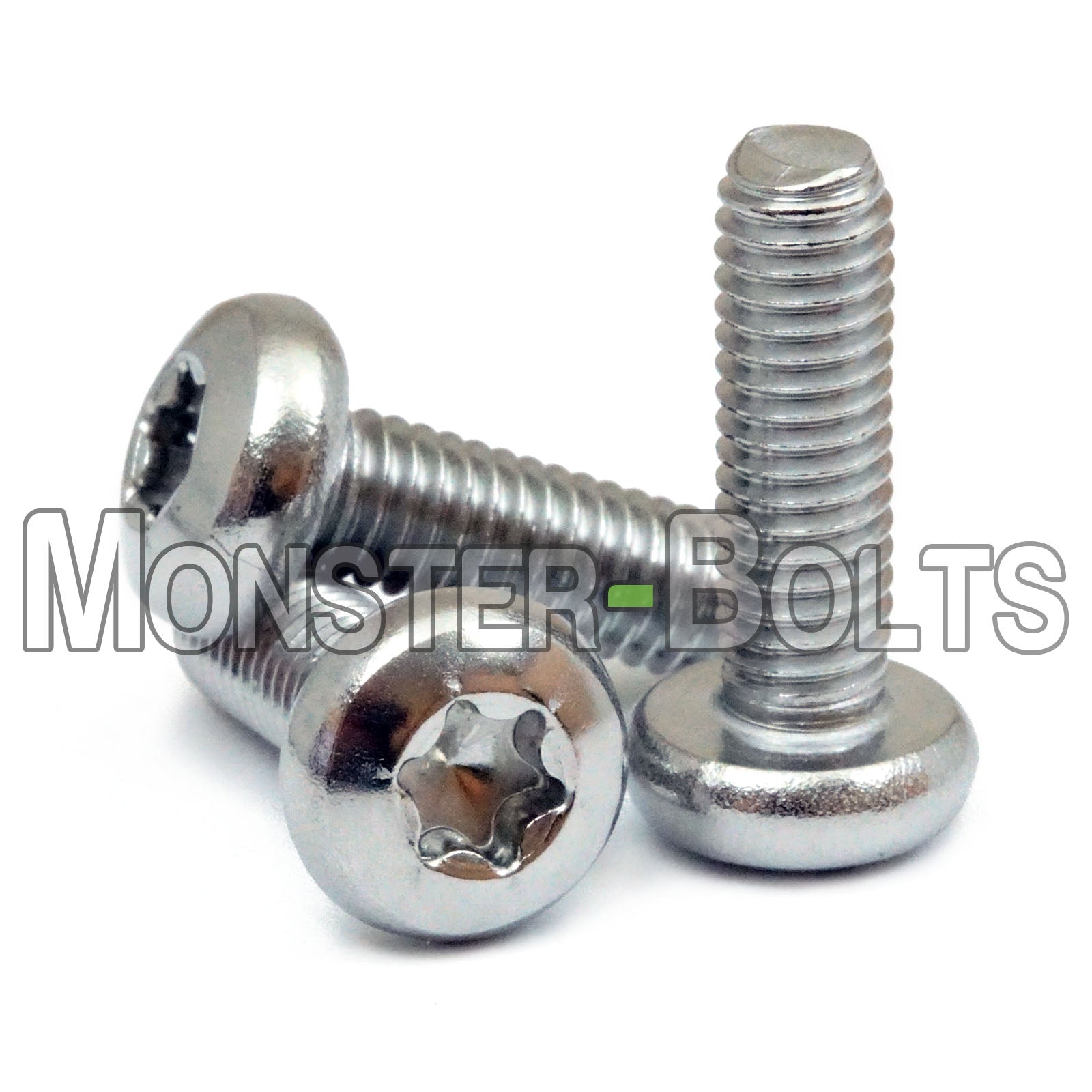 Close-up of M6 Stainless Steel 6-Lobe (Torx) Pan Head Machine Screws, featuring a T30 Torx drive, shown in various lengths with one screw angled to display the Torx recess. Ideal for high-torque applications in construction, electronics, and precision assembly.