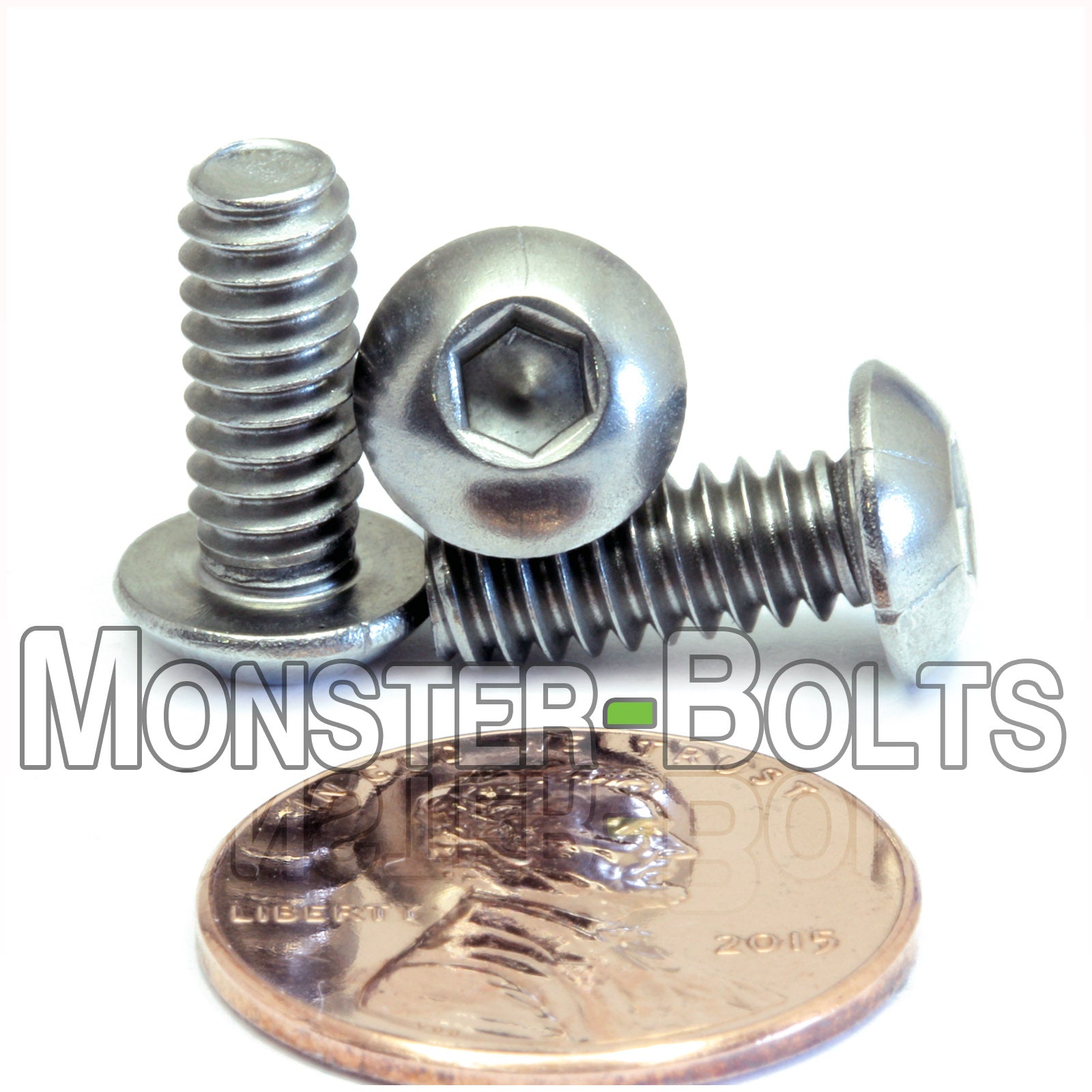 Stainless #10-24 x 1/2 in. button head socket cap screws, with US penny for size.