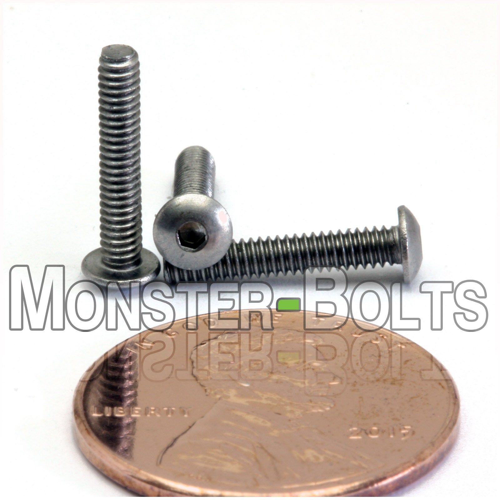 Stainless Steel #2-56 x 1/2" button head socket cap screws, with US penny for size.