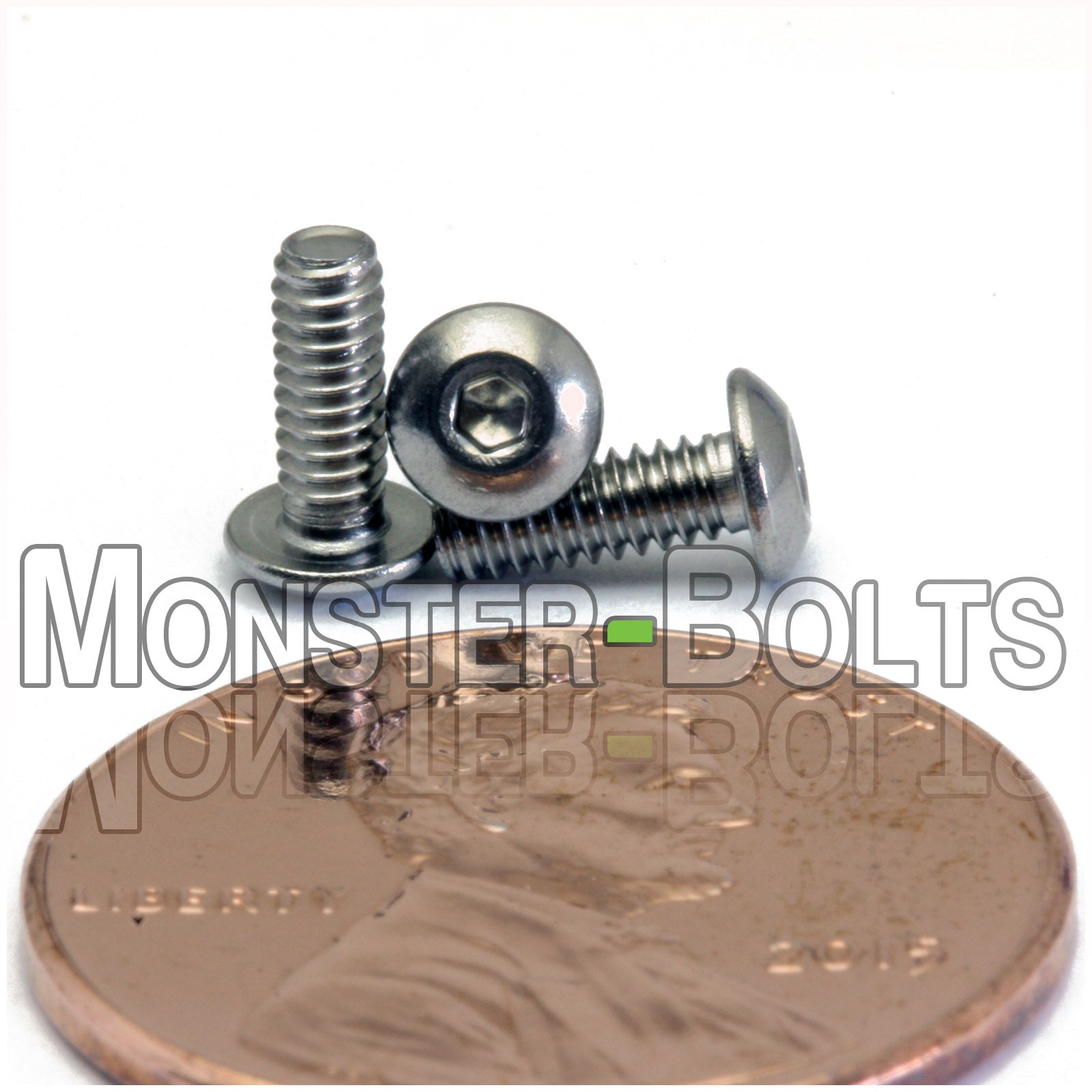 Stainless Steel #2-56 x 1/4 in. socket button head screws, with US penny for size.