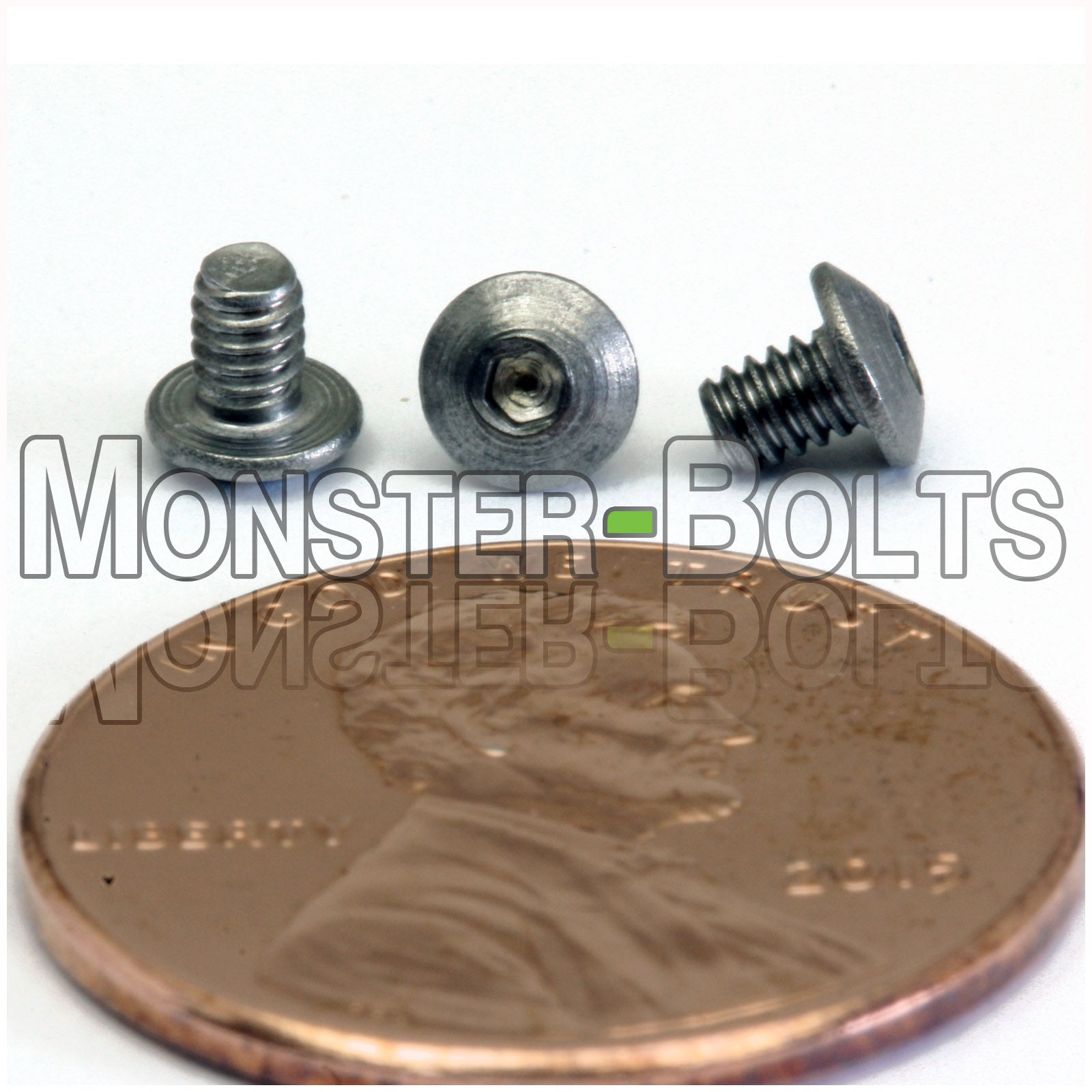 Stainless Steel #2-56 x 1/8" socket button head screws, with US penny for size.