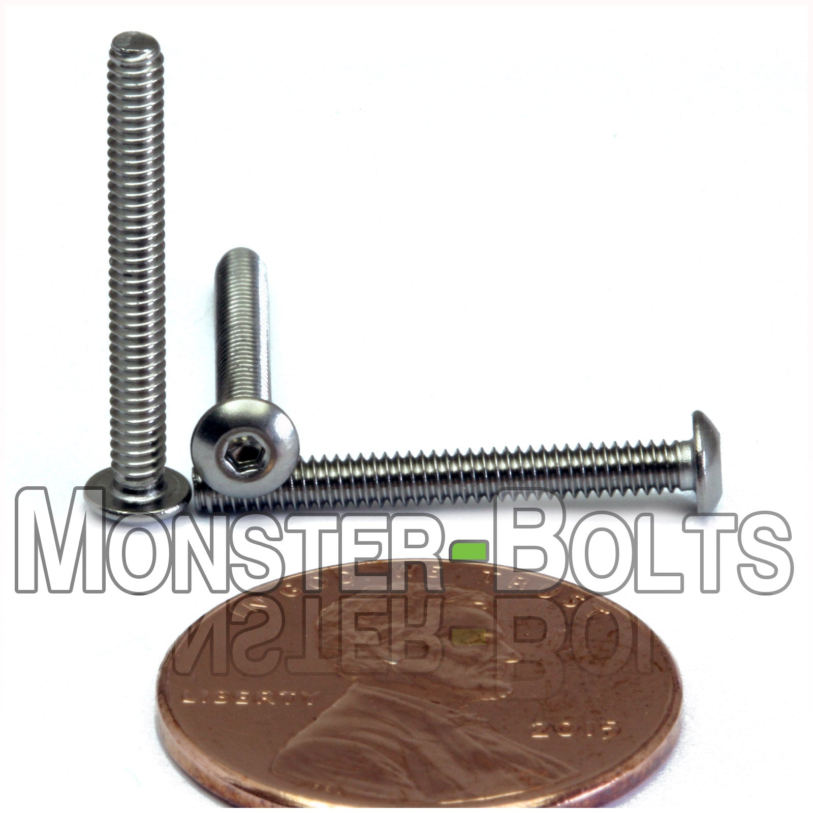  #2-56 x 3/4" Socket Button Head screw, Stainless Steel. Shown with US penny for screw size.