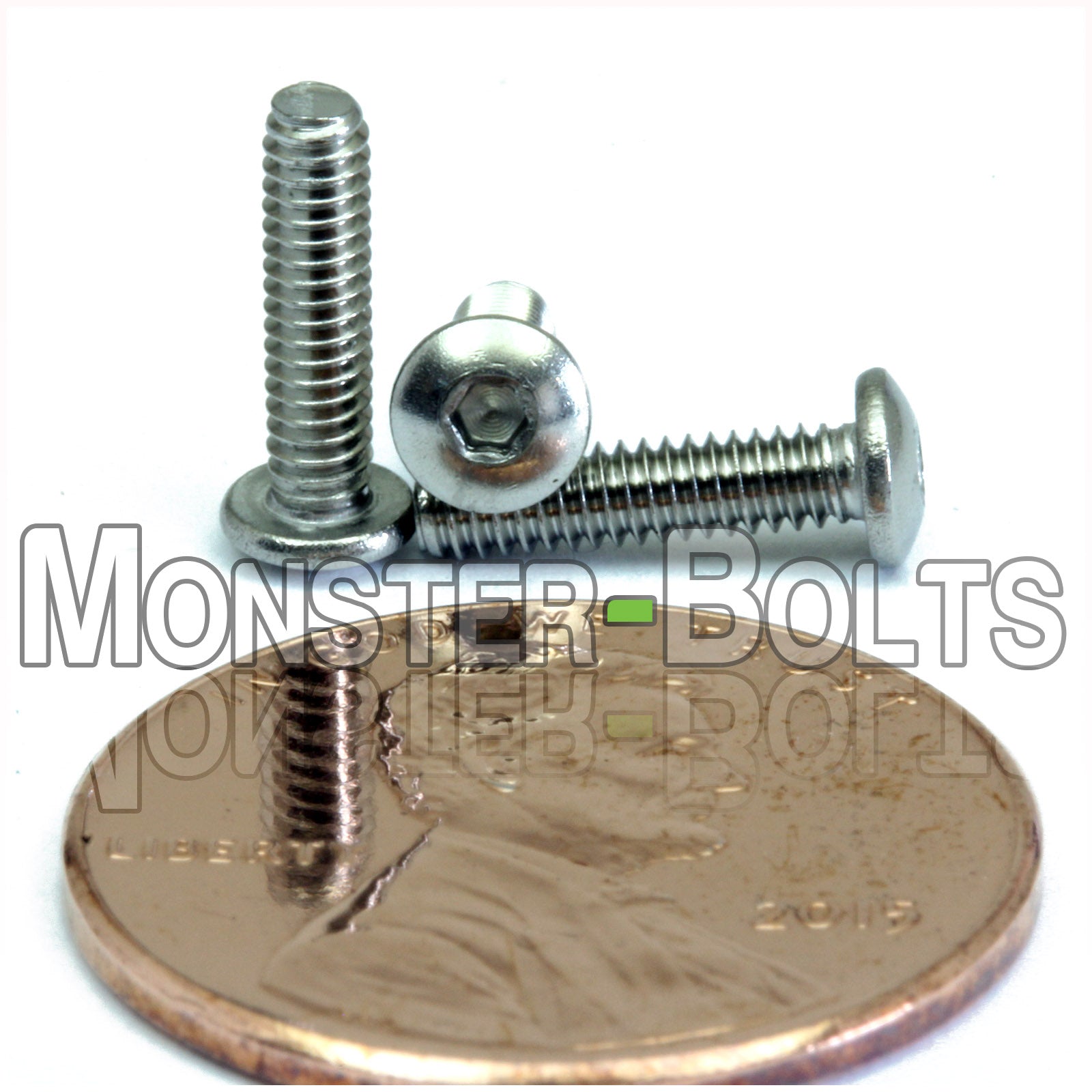 Stainless #2-56 x 3/8" button head socket cap screws, with US penny for size.