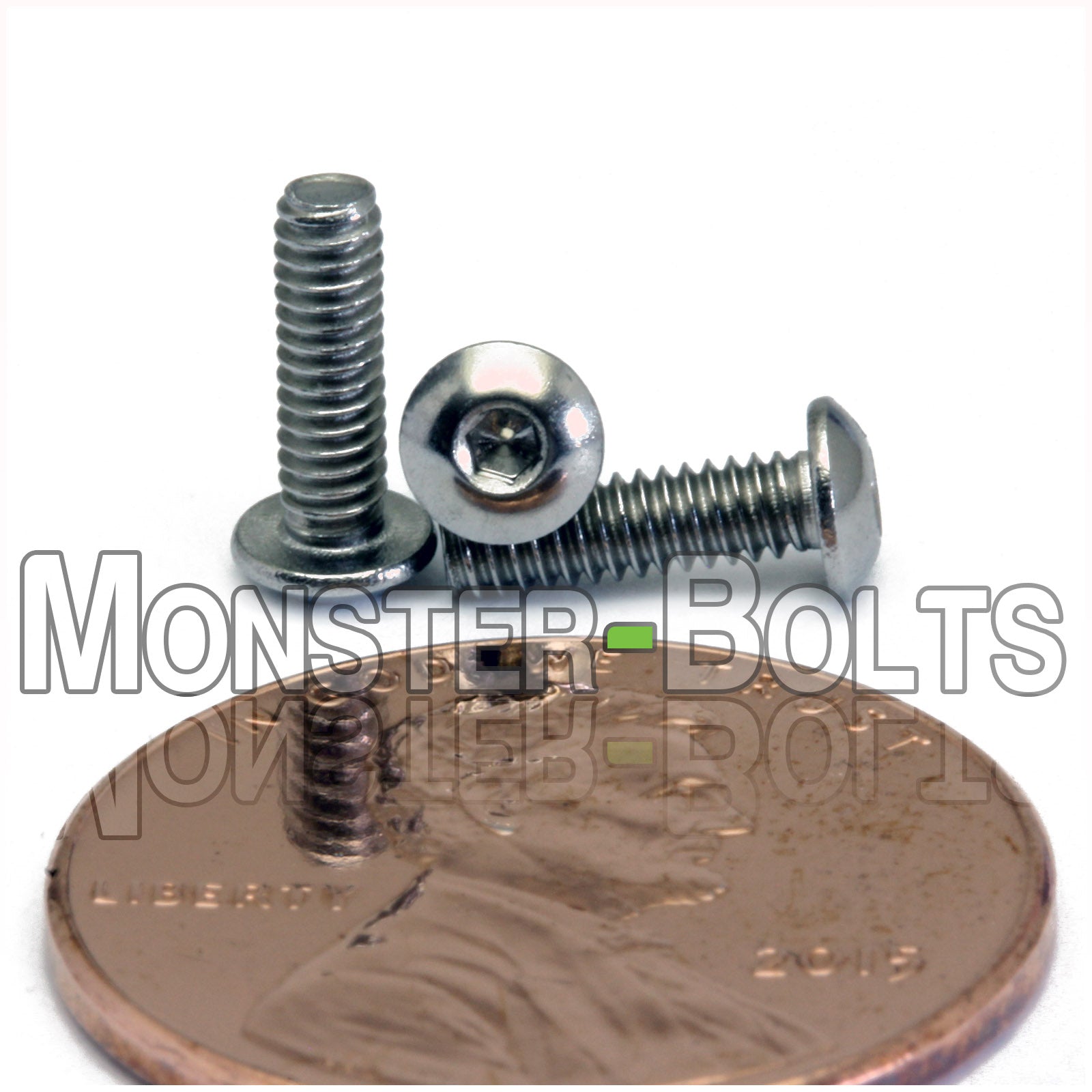 Stainless #2-56 x 5/16 in. button head socket cap screws, with US penny for size.