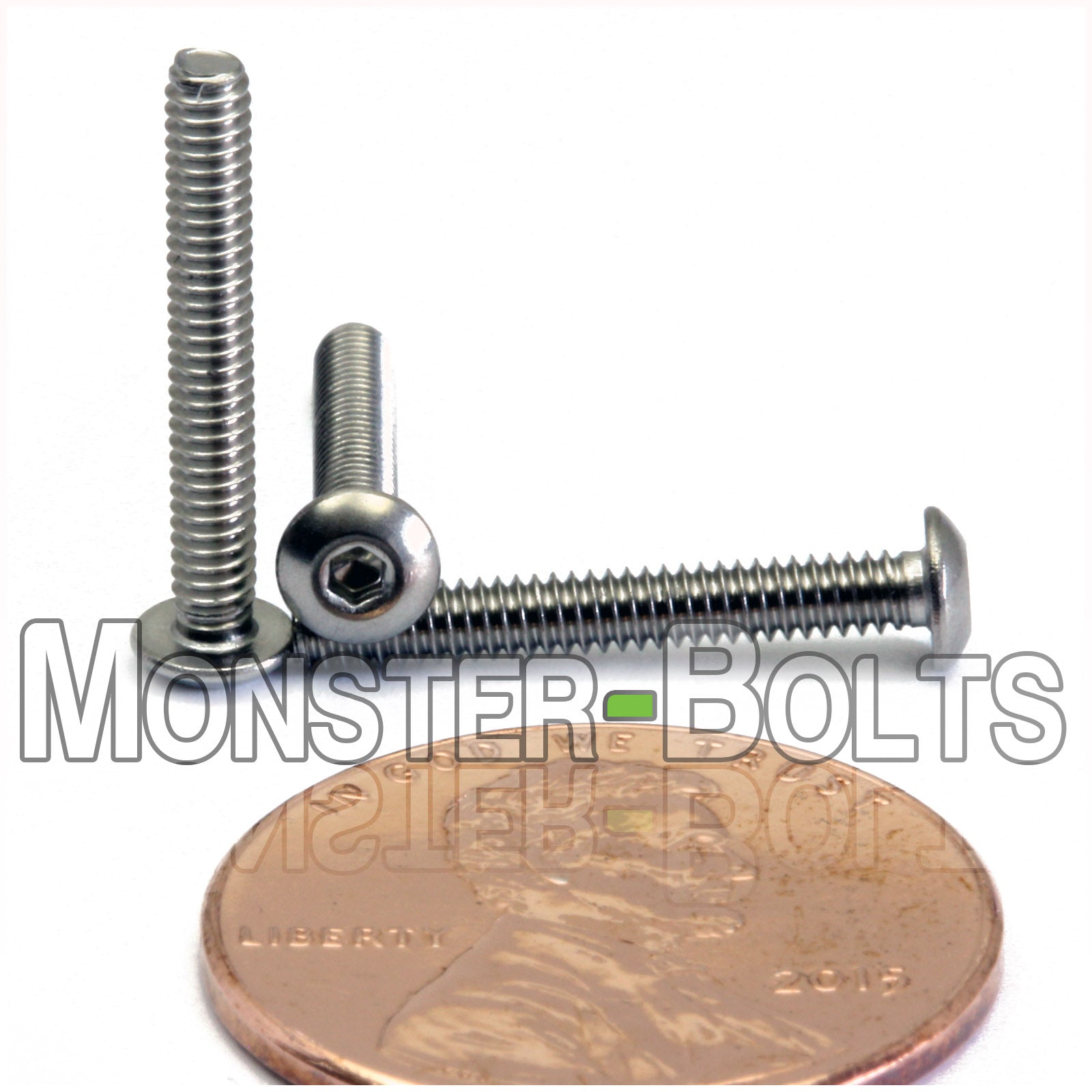 Stainless Steel #2-56 x 5/8" button head socket cap screws, with US penny for size.