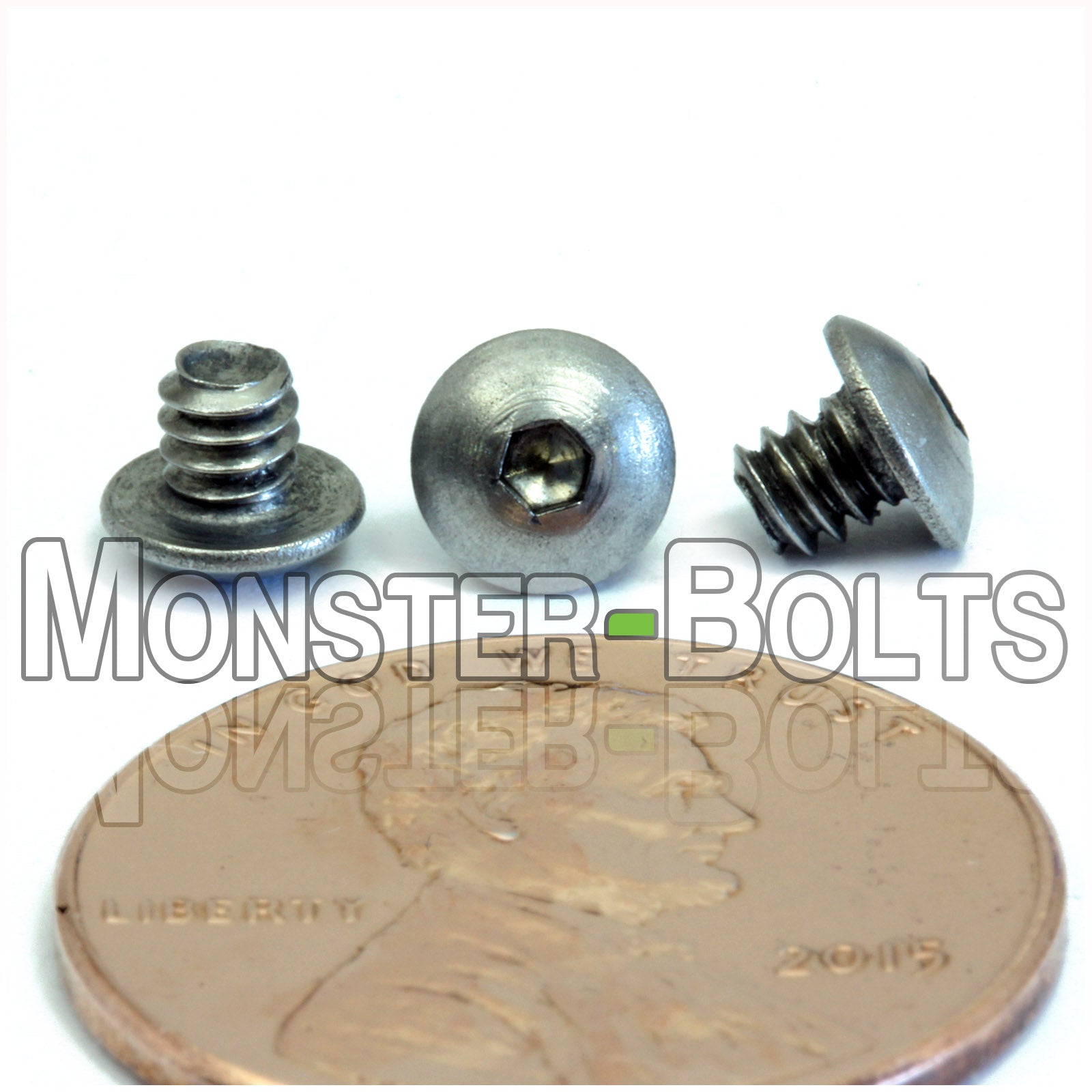 Stainless Steel #4-40 x 1/8" socket button head screws, with US penny for size.