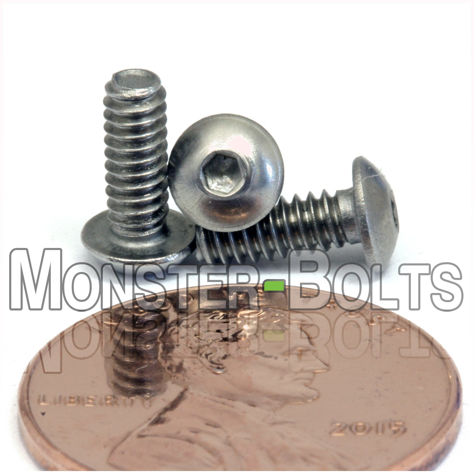 Stainless #4-40 x 5/16" button head socket cap screws, with US penny for size.