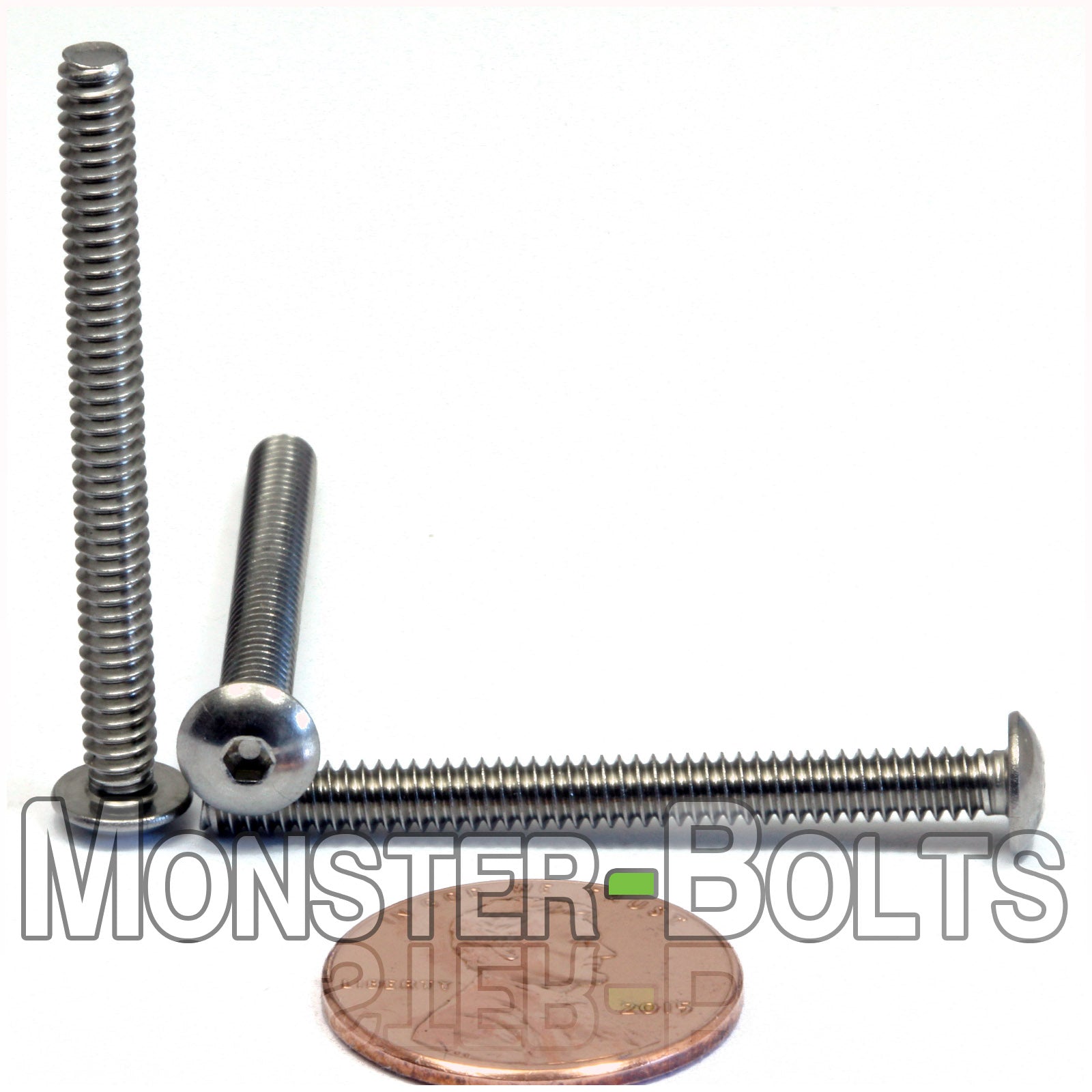 Stainless #6-32 x 1-1/2 in. socket button head screws, with US penny for size.