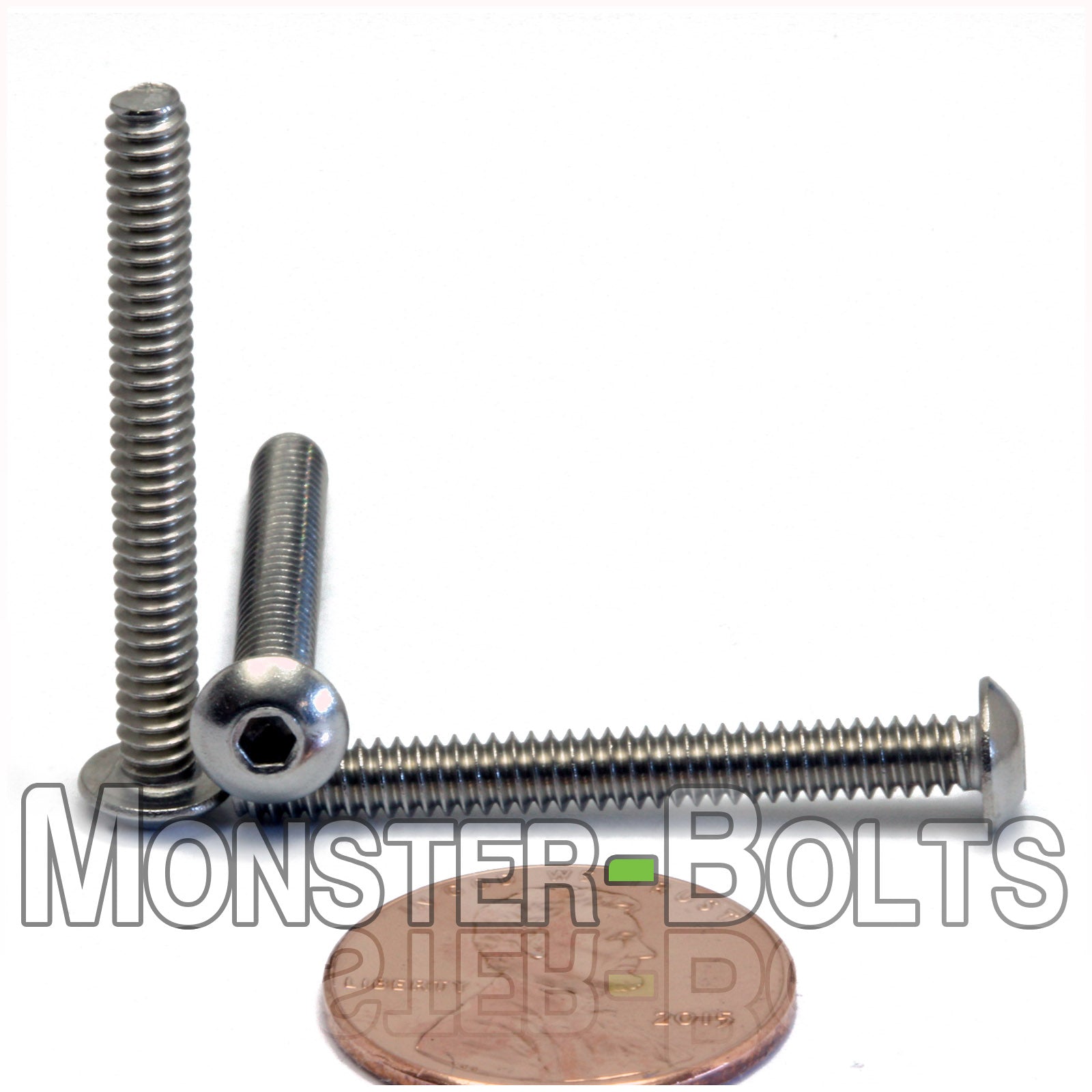 Stainless Steel #6-32 x 1-1/4" socket button head screws. Shown with US penny for size.