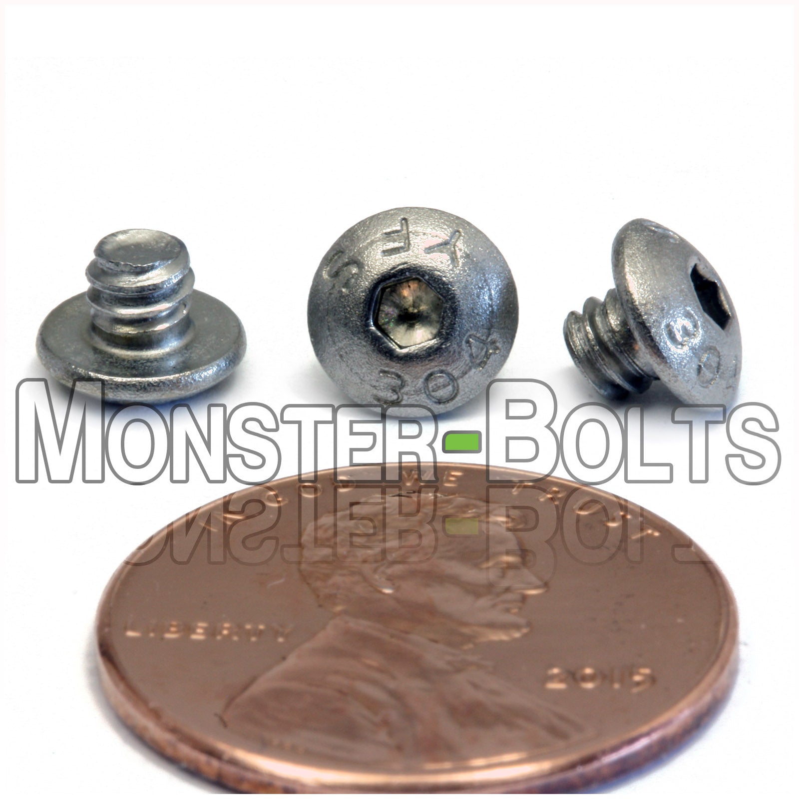 Stainless Steel #6-32 x 1/8" socket button head screws, with US penny for size.