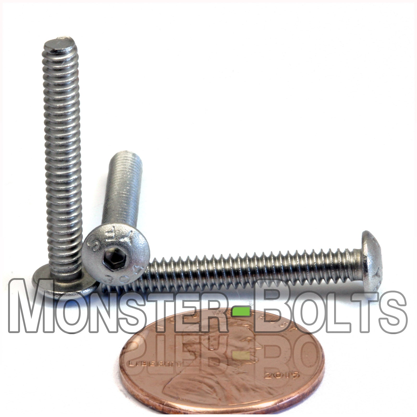  #6-32 x 1" Socket Button Head screw, Stainless Steel. Shown with US penny for screw size.