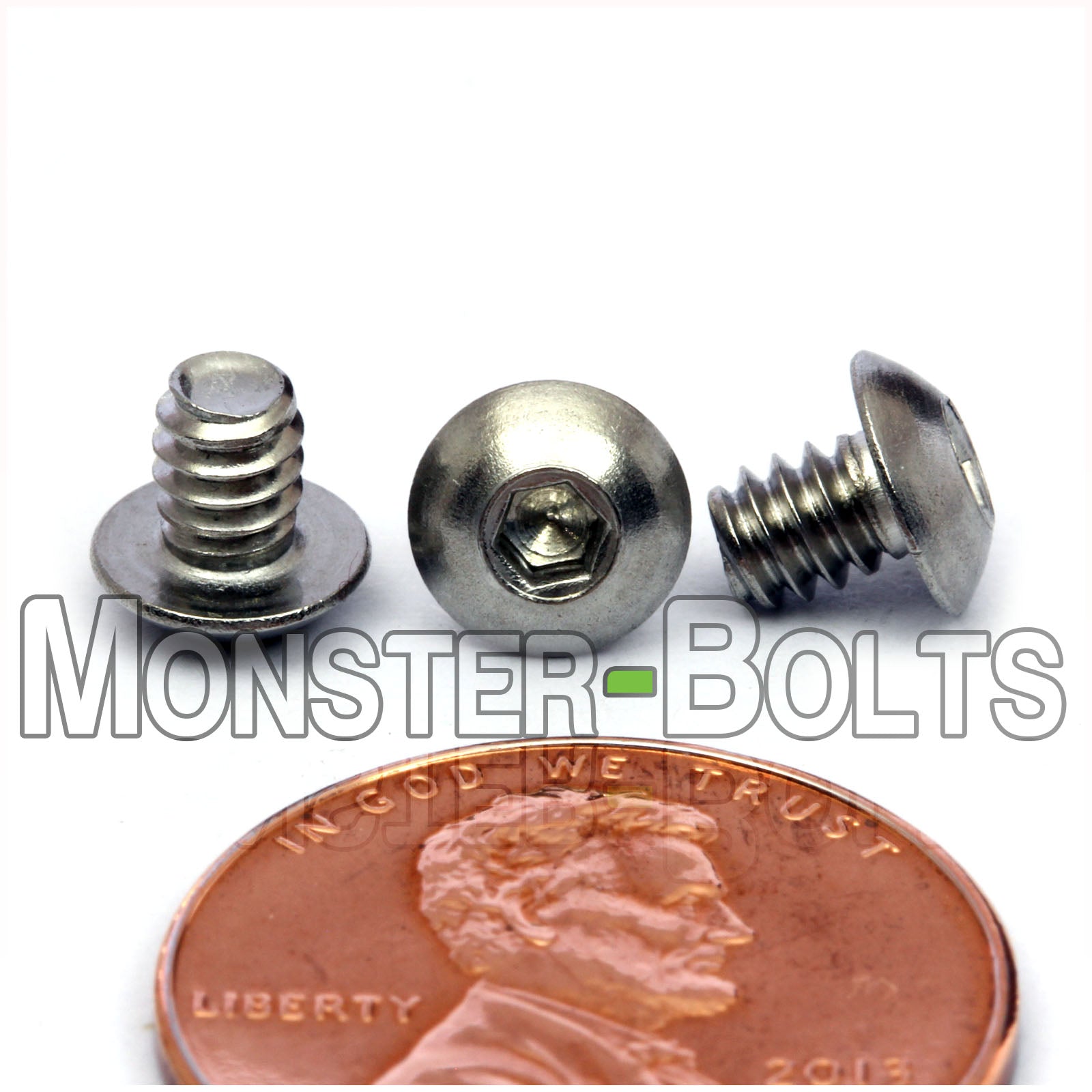 Stainless Steel #6-32 x 3/16 in. socket button head screws, with US penny for size.