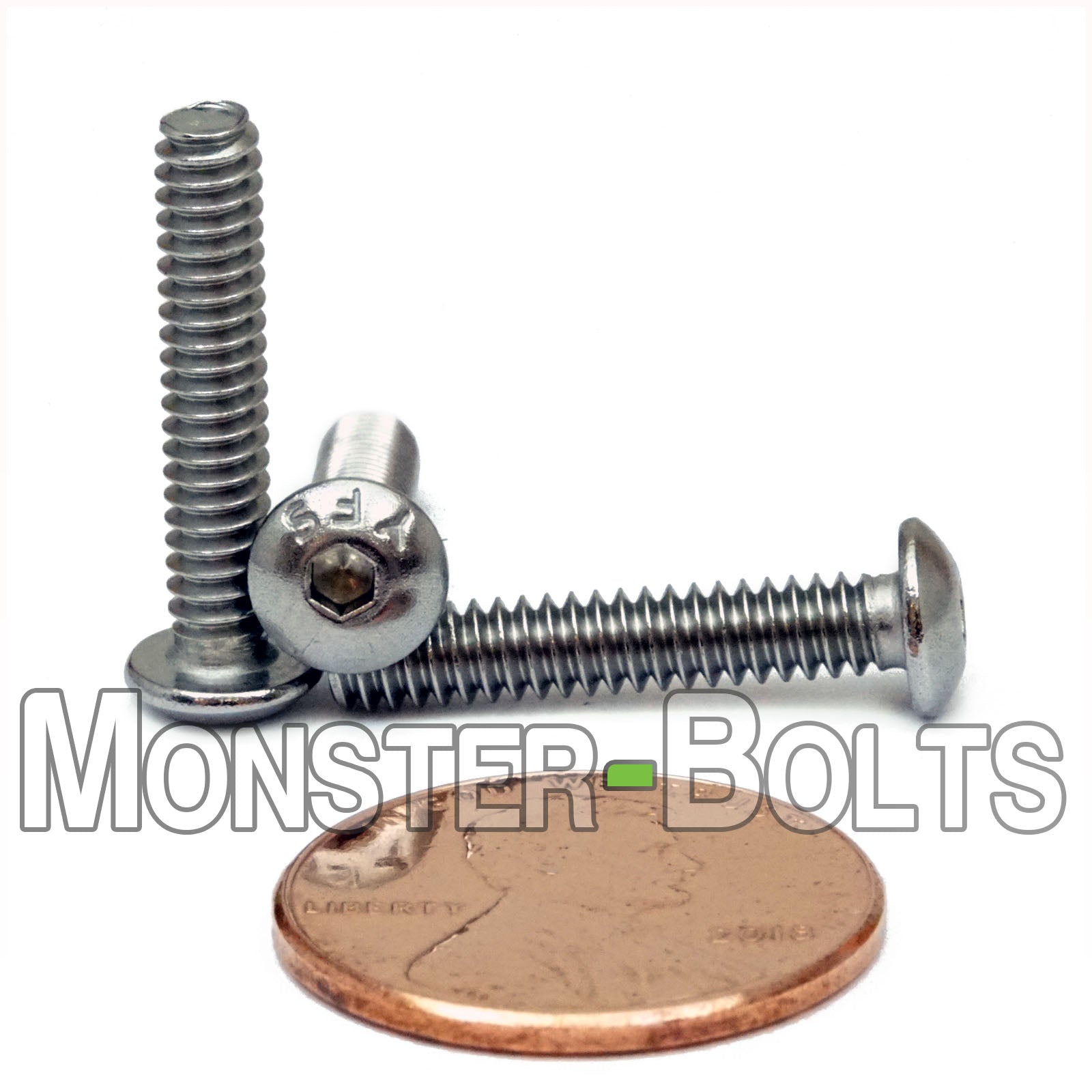 Stainless Steel #6-32 x 3/4" button head socket cap screws, with US penny for size.