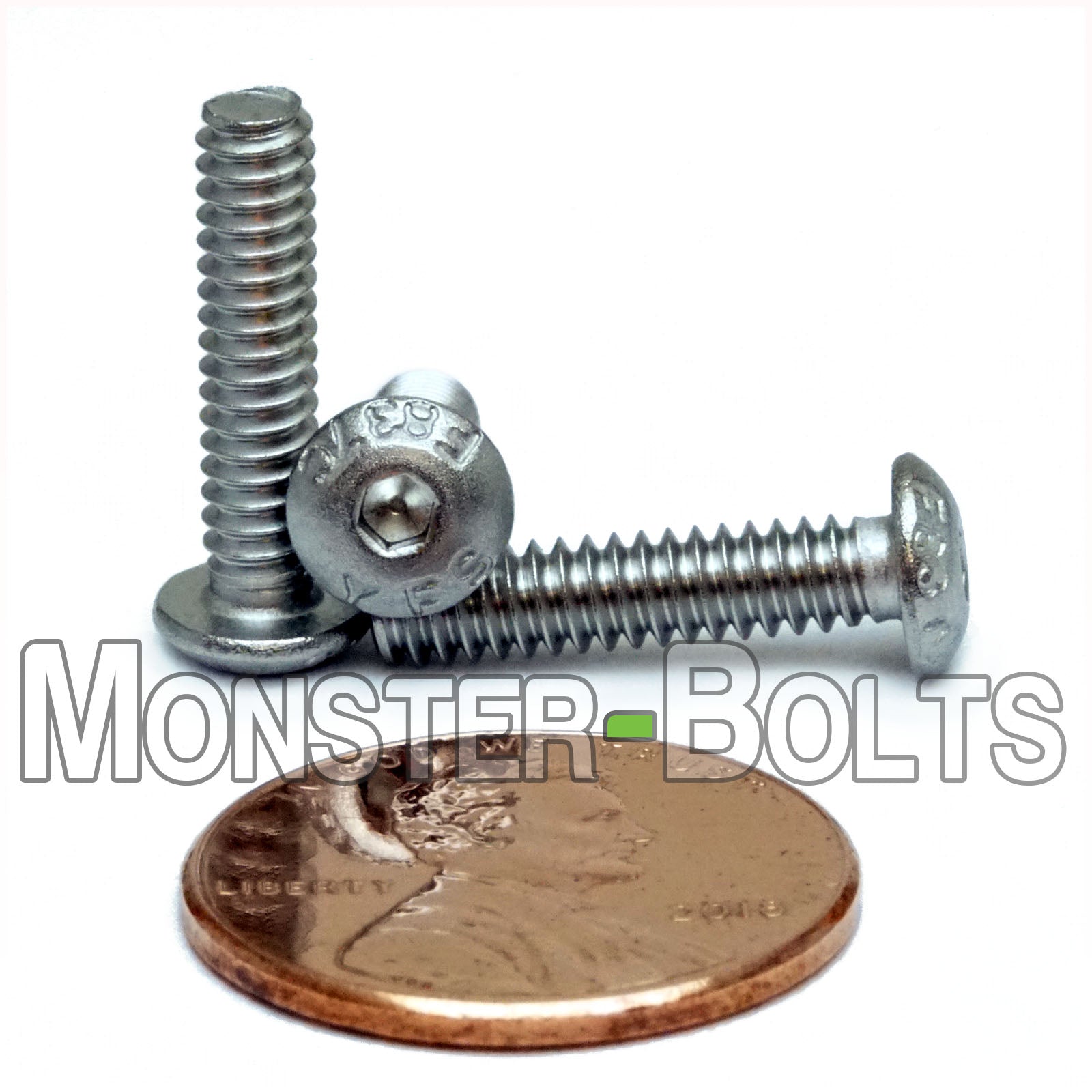 Stainless Steel #6-32 x 5/8" button head socket cap screws, with US penny for size.