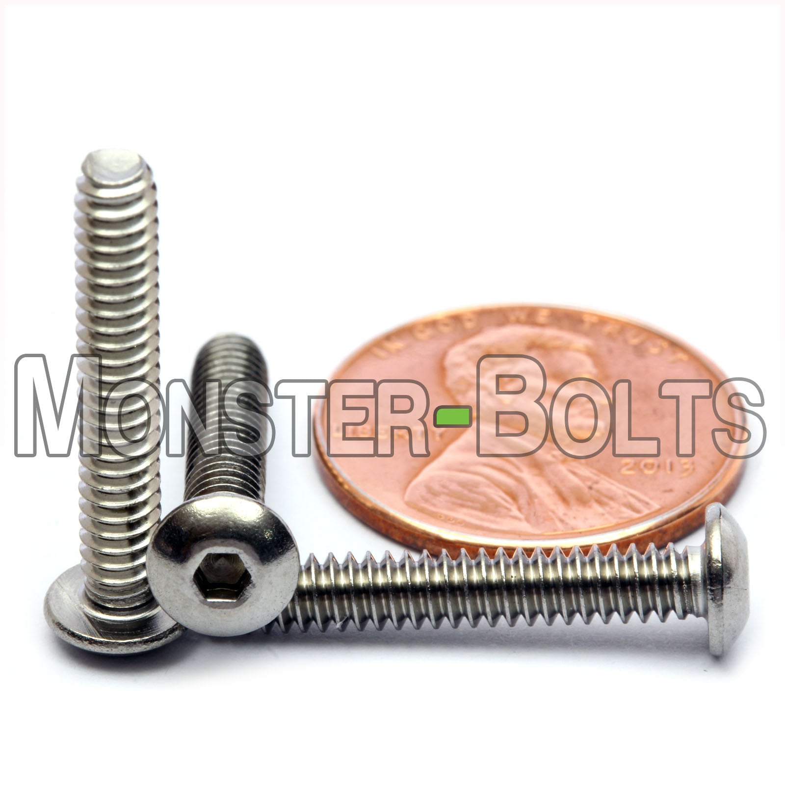 Stainless Steel #6-32 x 7/8" button head socket cap screws, with US penny for size.