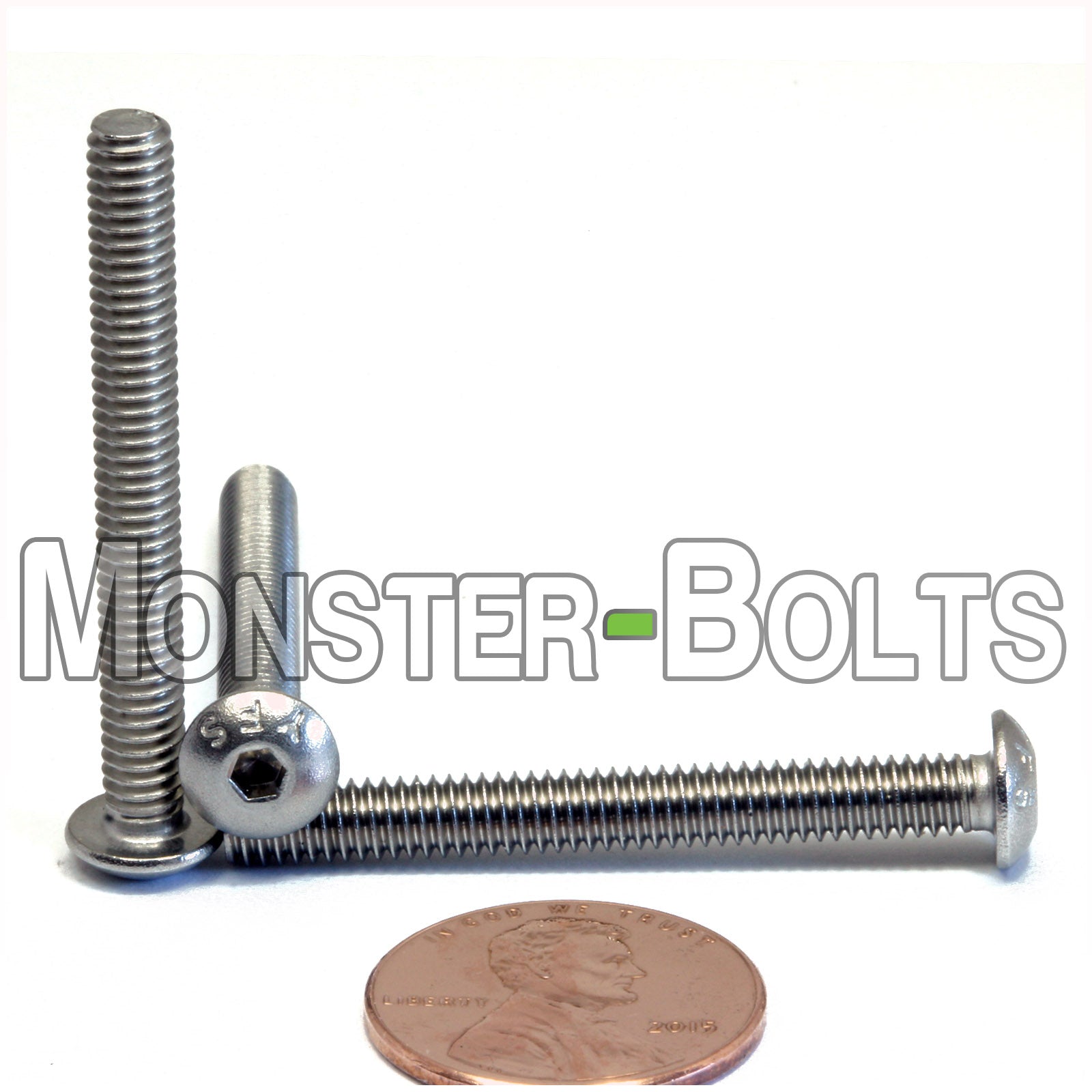 Stainless Steel #8-32 x 1-1/2" button head socket cap screws, with US penny for size.