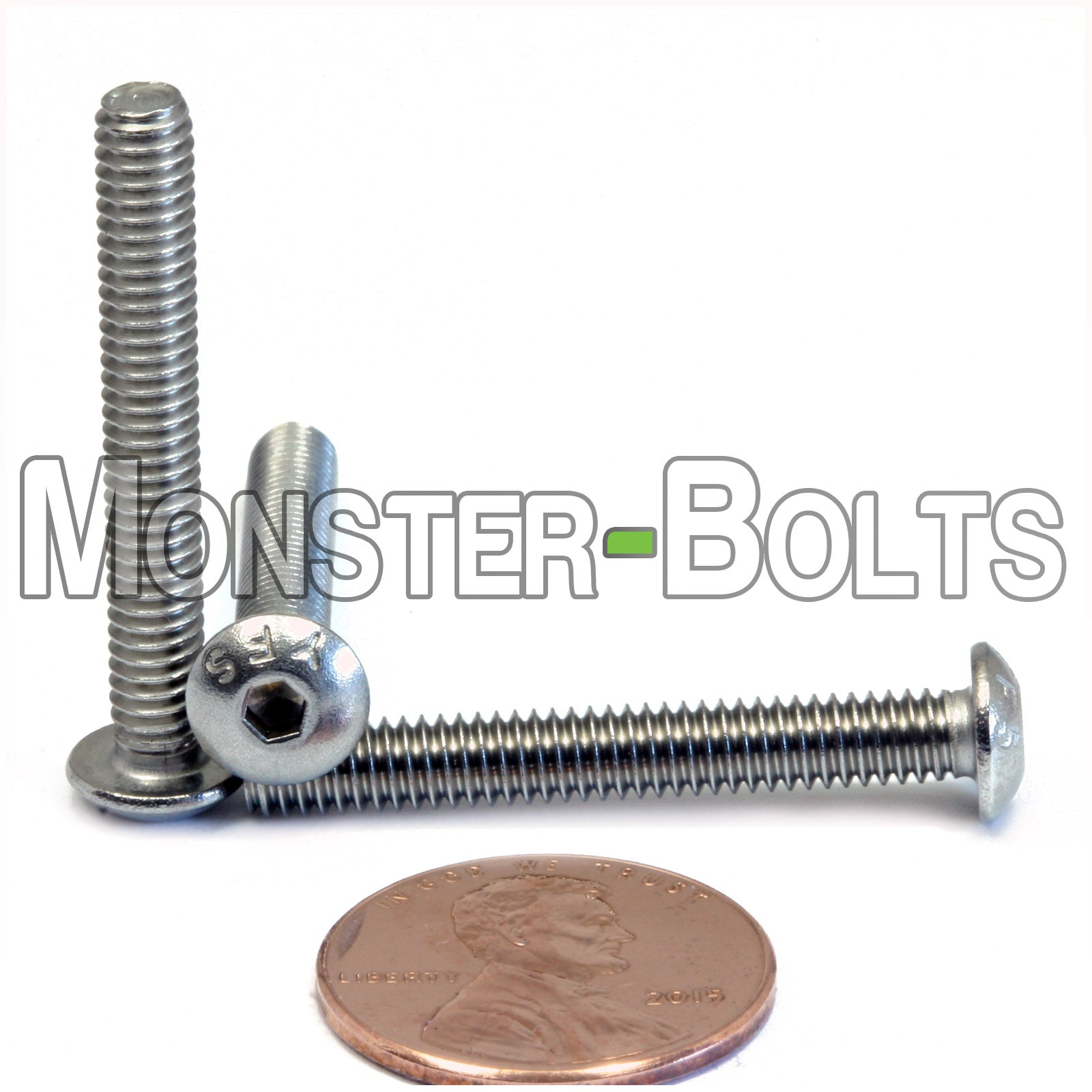 Stainless Steel #8-32 x 1-1/4 in. button head socket cap screws, with US penny to show size.