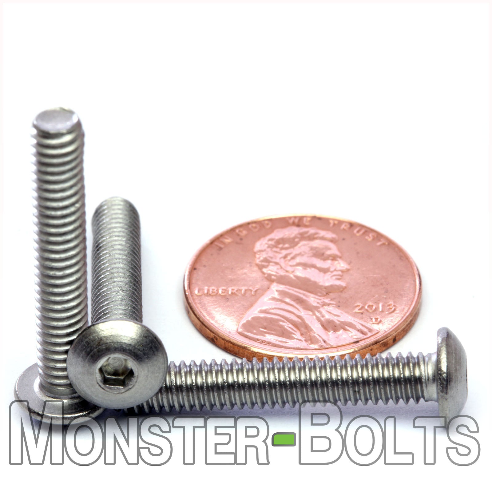 Stainless Steel #8-32 x 1 in. button head socket cap screws, with US penny to show size.