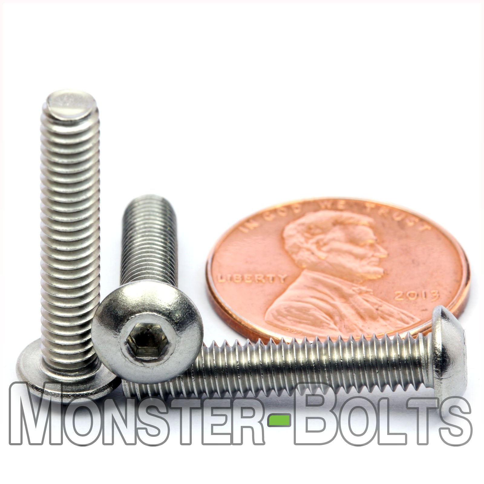 Stainless #8-32 x 7/8" button head socket cap screws, with US penny for size.