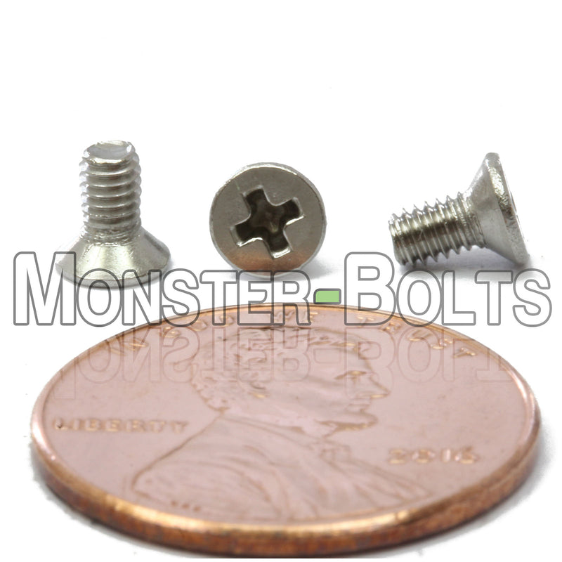 Stainless Steel M2.5-0.45 x 5mm Phillips Flat Head machine screws with white background
