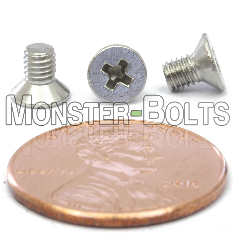 Stainless Steel M3-0.50 x 5mm Phillips Flat Head machine screws with white background