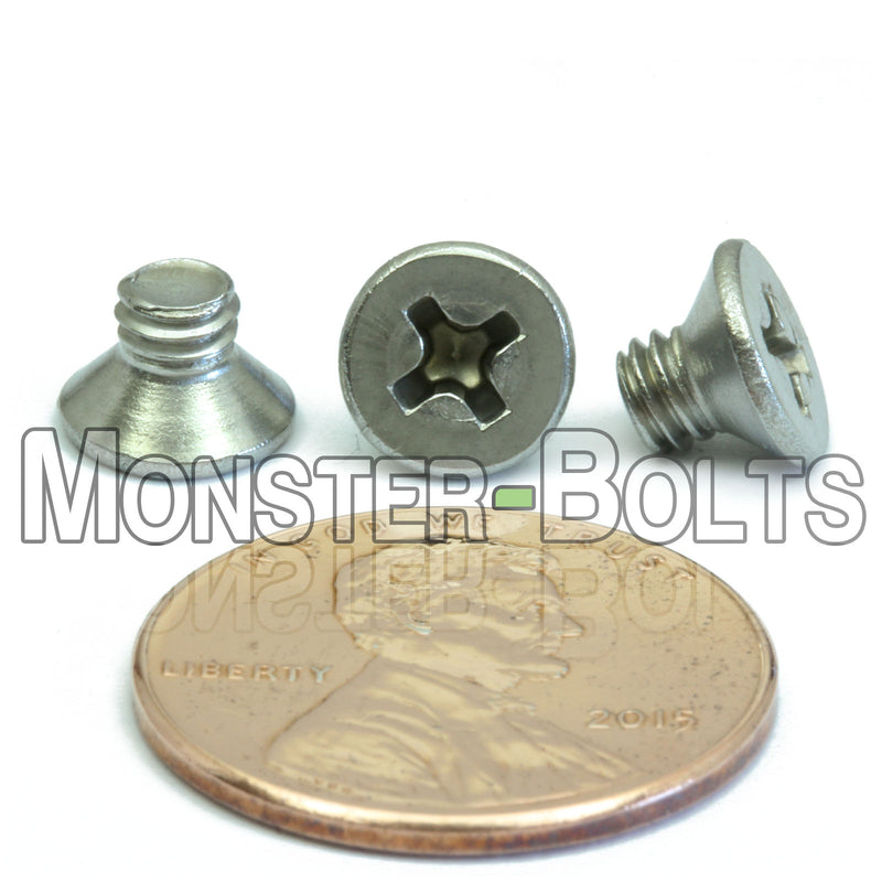 Stainless Steel M4-0.70 x 5mm Phillips Flat Head machine screws with white background