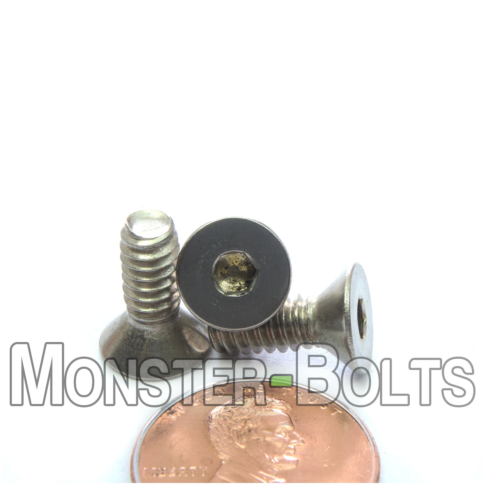 Countersunk Stainless Steel #10-24 x 1/2" flat head socket screws, with US penny for size.