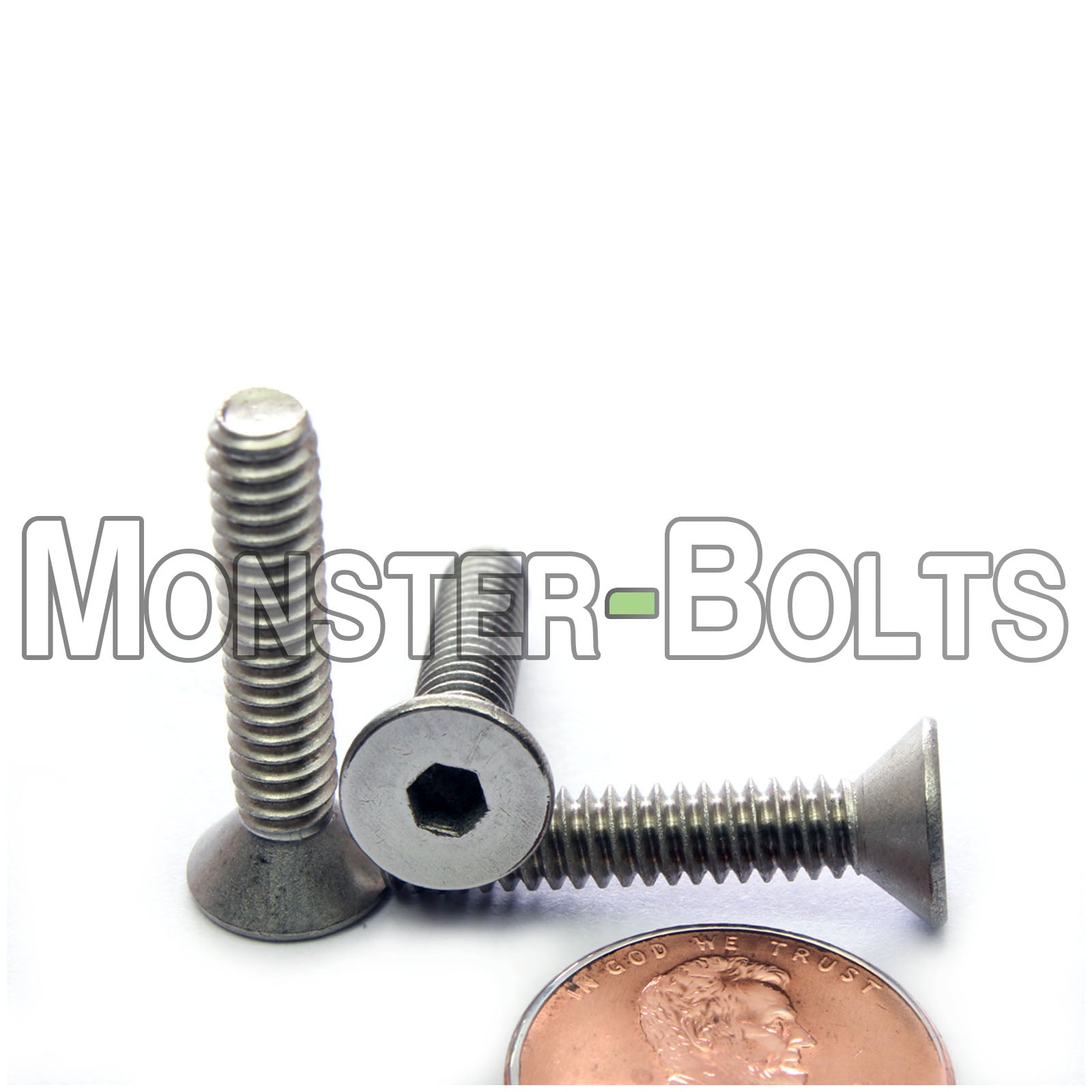 Stainless Steel #10-24 x 1" flat head socket screws, with US penny for scale.