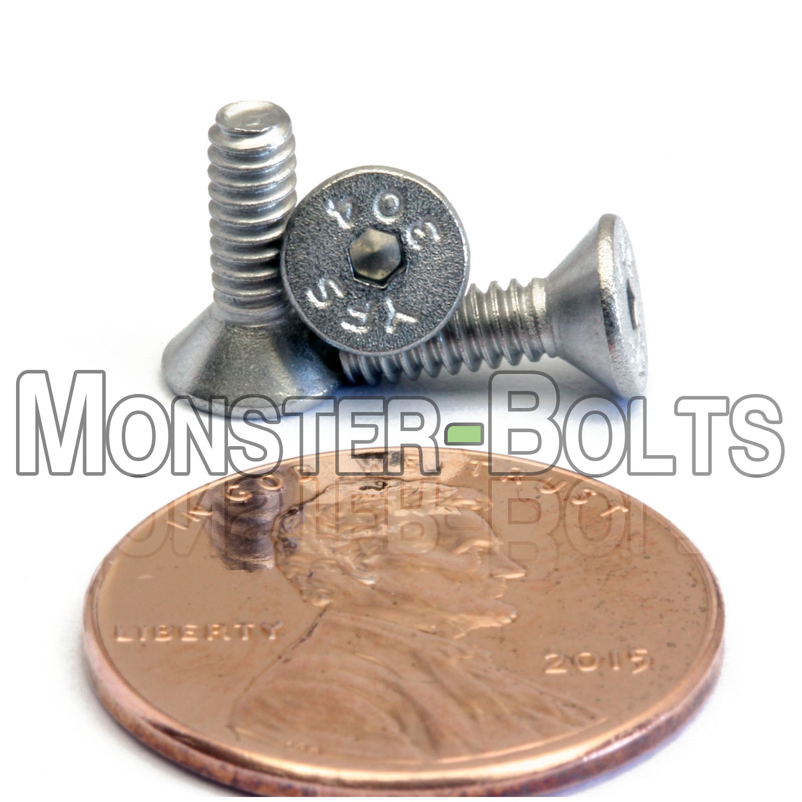 Stainless Steel #4-40 x 3/8 in. flat head socket screws, with US penny size for comparison.