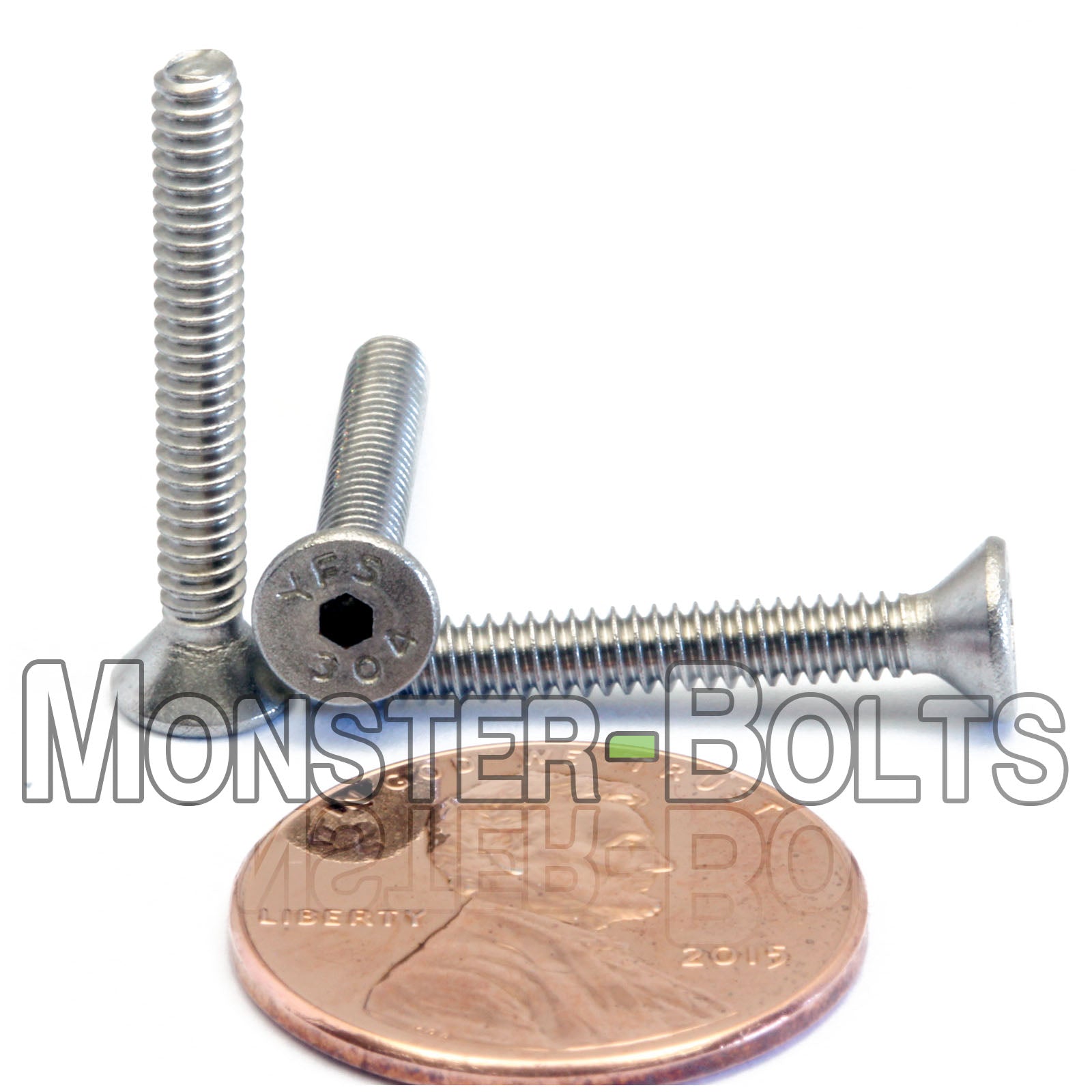 Stainless Steel #4-40 x 7/8" flat head socket screws, with US penny for size.