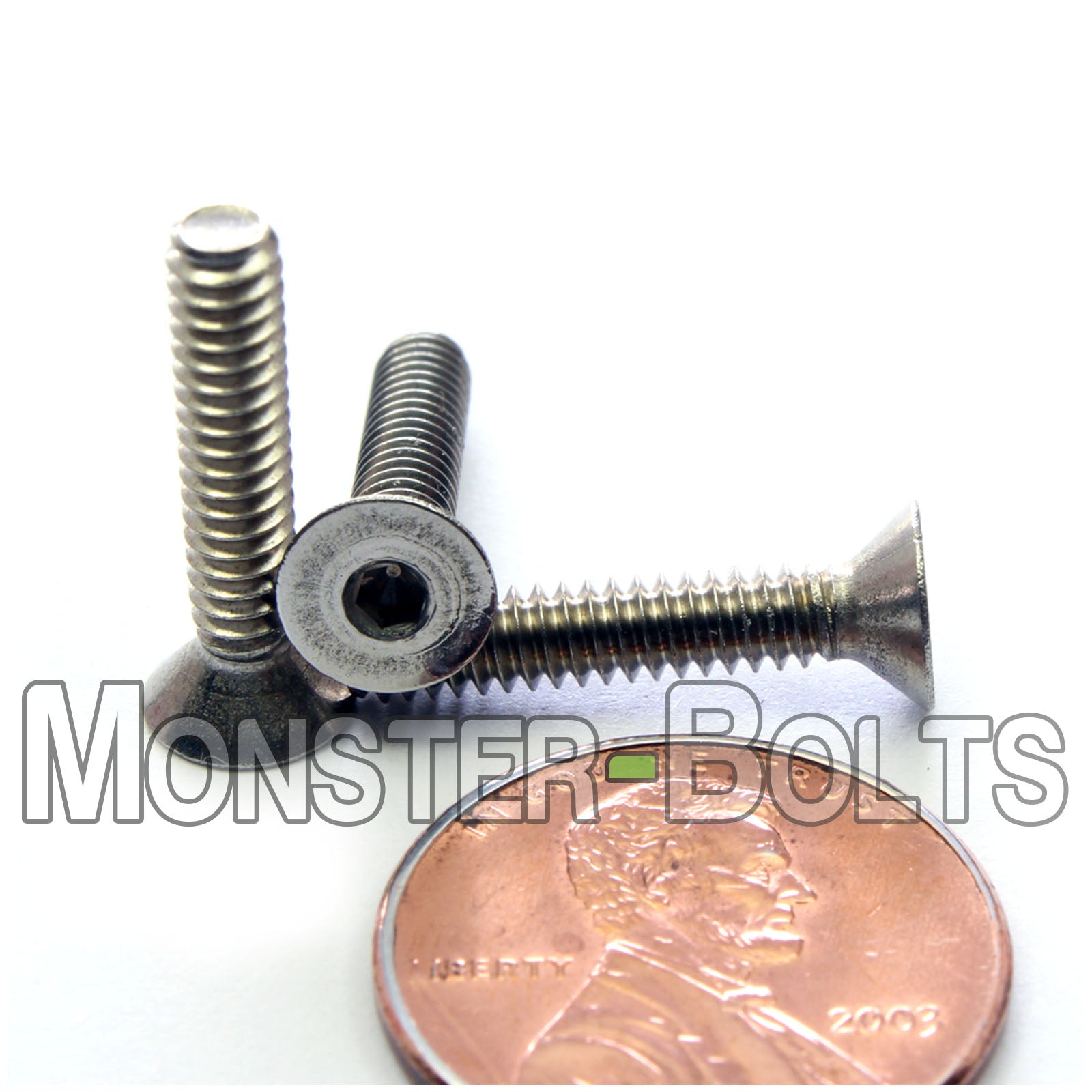 Stainless Steel #6-32 x 3/4" flat head socket screws, with US penny for size.