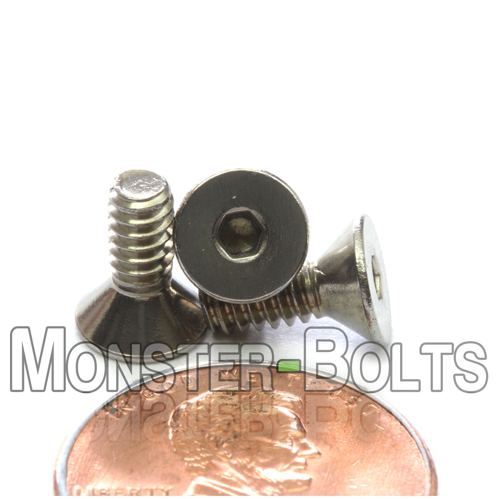 Stainless Steel #6-32 x 3/8 in. flat head socket screws, with US penny size for comparison.