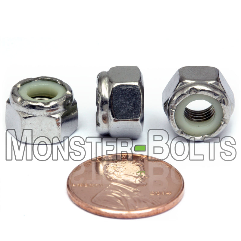 Stainless Steel 1/4-28 Nylon Insert Lock Nut with white background.